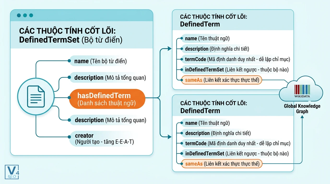 Thuộc tính cốt lõi DefinedTermSet và DefinedTerm Cấu trúc liên kết các thuộc tính cốt lõi của DefinedTermSet và DefinedTerm giúp tối ưu Entity SEO.