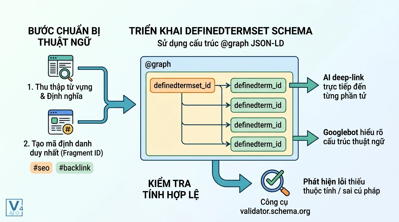 Quy trình triển khai DefinedTermSet schema Quy trình 3 bước triển khai DefinedTermSet schema gồm chuẩn bị thuật ngữ, viết mã JSON-LD @graph và kiểm tra hợp lệ.