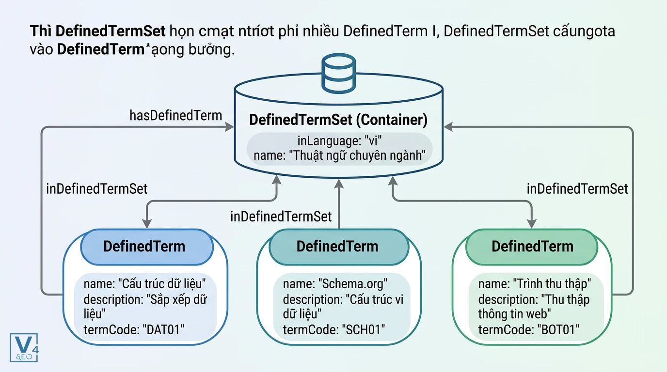 Cấu trúc liên kết DefinedTermSet và DefinedTerm Mối quan hệ hai chiều giữa DefinedTermSet đóng vai trò container và các DefinedTerm con trong cấu trúc dữ liệu schema.