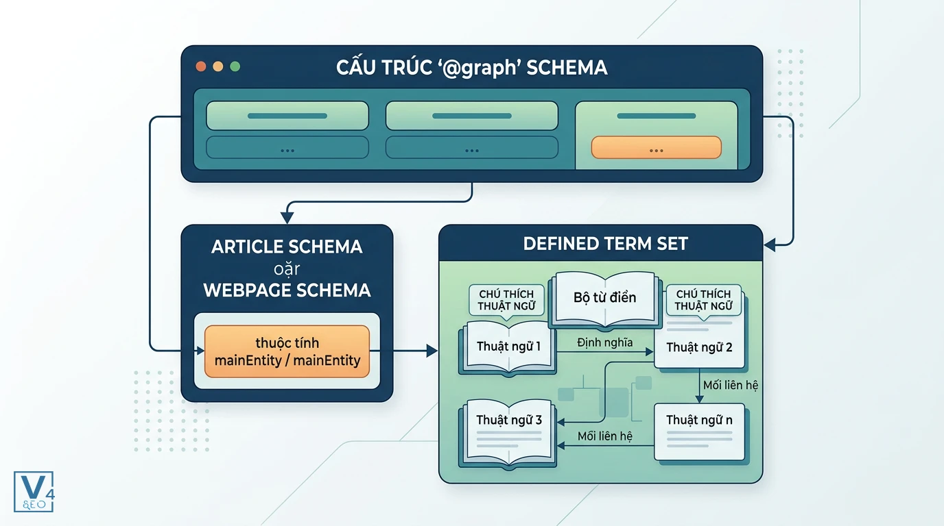 Cấu trúc kết nối DefinedTermSet schema trong @graph Cách lồng ghép DefinedTermSet schema vào WebPage hoặc Article schema trong cấu trúc @graph bằng thuộc tính mainEntity.