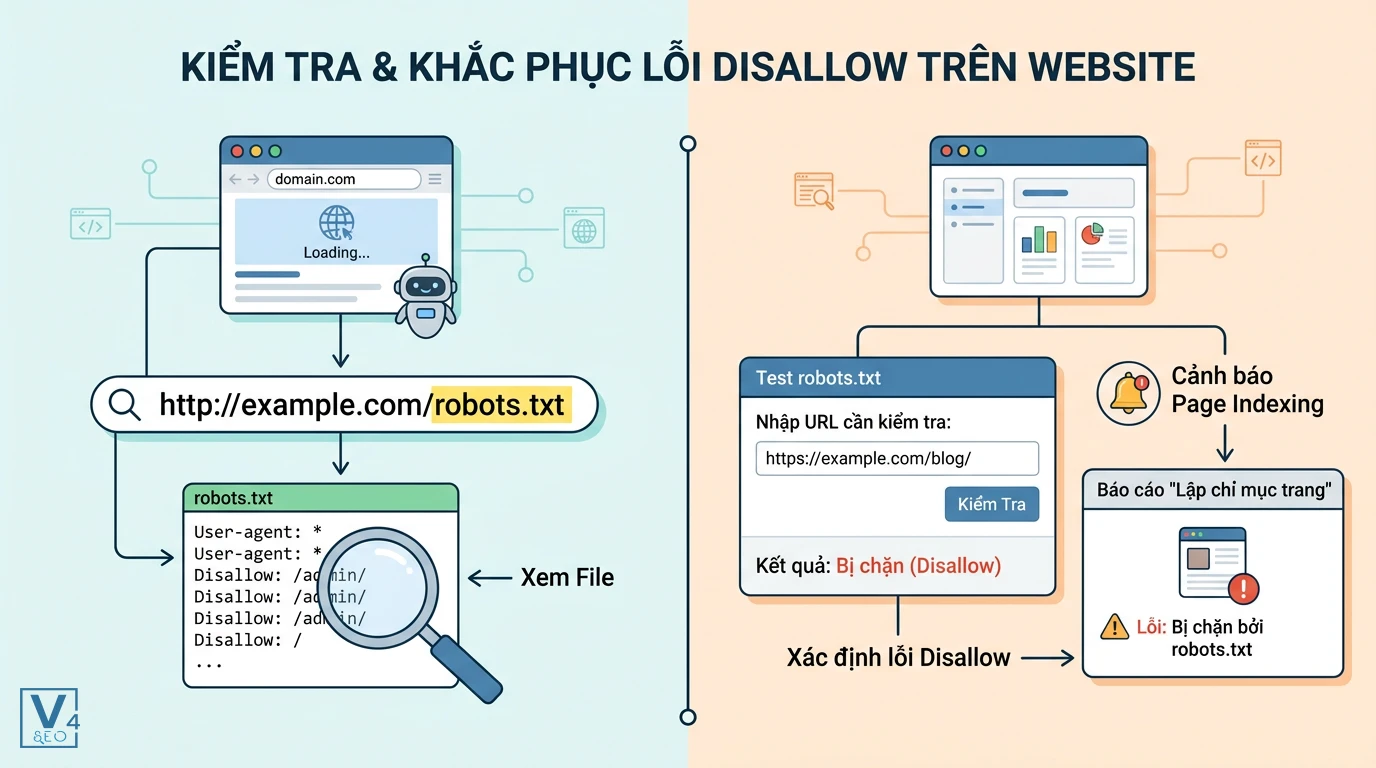 quy-trinh-kiem-tra-khac-phuc-loi-disallow Quy trình kiểm tra file robots.txt trực tiếp trên trình duyệt và xác định lỗi disallow bằng Google Search Console.