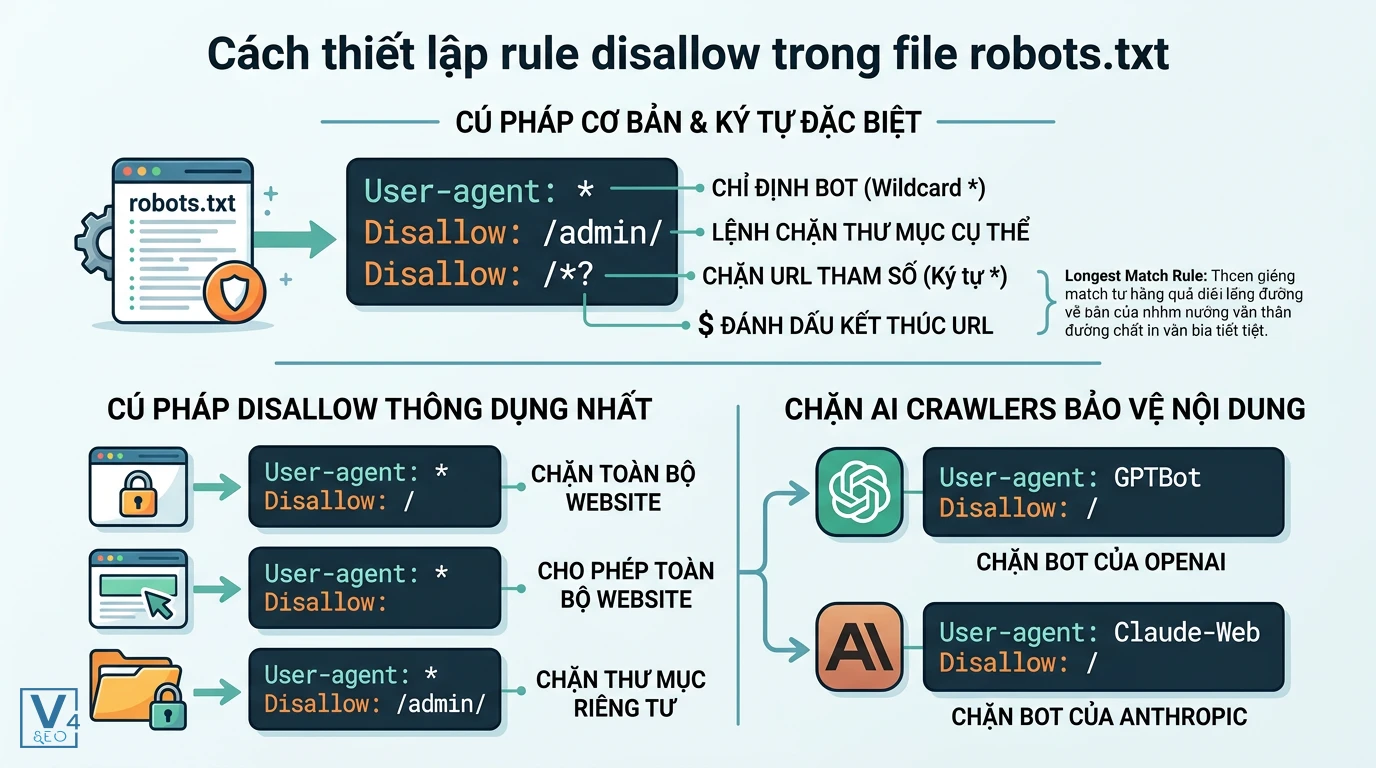 huong-dan-thiet-lap-disallow-robots-txt Sơ đồ hướng dẫn cách thiết lập rule disallow là gì trong file robots.txt để chặn bot tìm kiếm và AI crawlers.