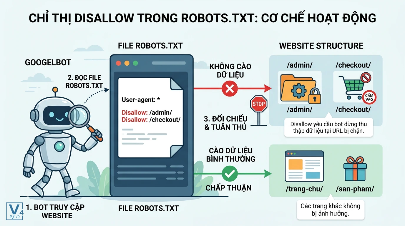 co-che-hoat-dong-disallow-robots-txt Sơ đồ cơ chế hoạt động của disallow là gì trong robots.txt giúp chặn bot cào dữ liệu các thư mục riêng tư.