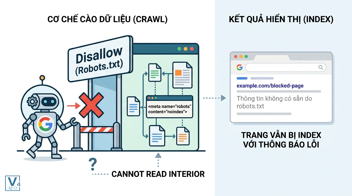 xung-dot-giua-disallow-va-noindex Sơ đồ xung đột kỹ thuật khi kết hợp disallow là gì và thẻ noindex khiến Googlebot không thể đọc mã nguồn.
