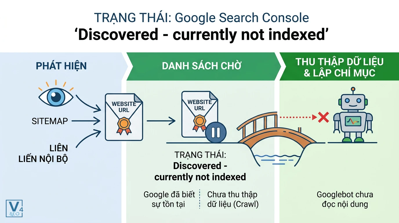 quy-trinh-xu-ly-url-googlebot Sơ đồ quy trình xử lý URL của Googlebot giải thích trạng thái Discovered currently not indexed là gì khi bị nghẽn ở danh sách chờ.