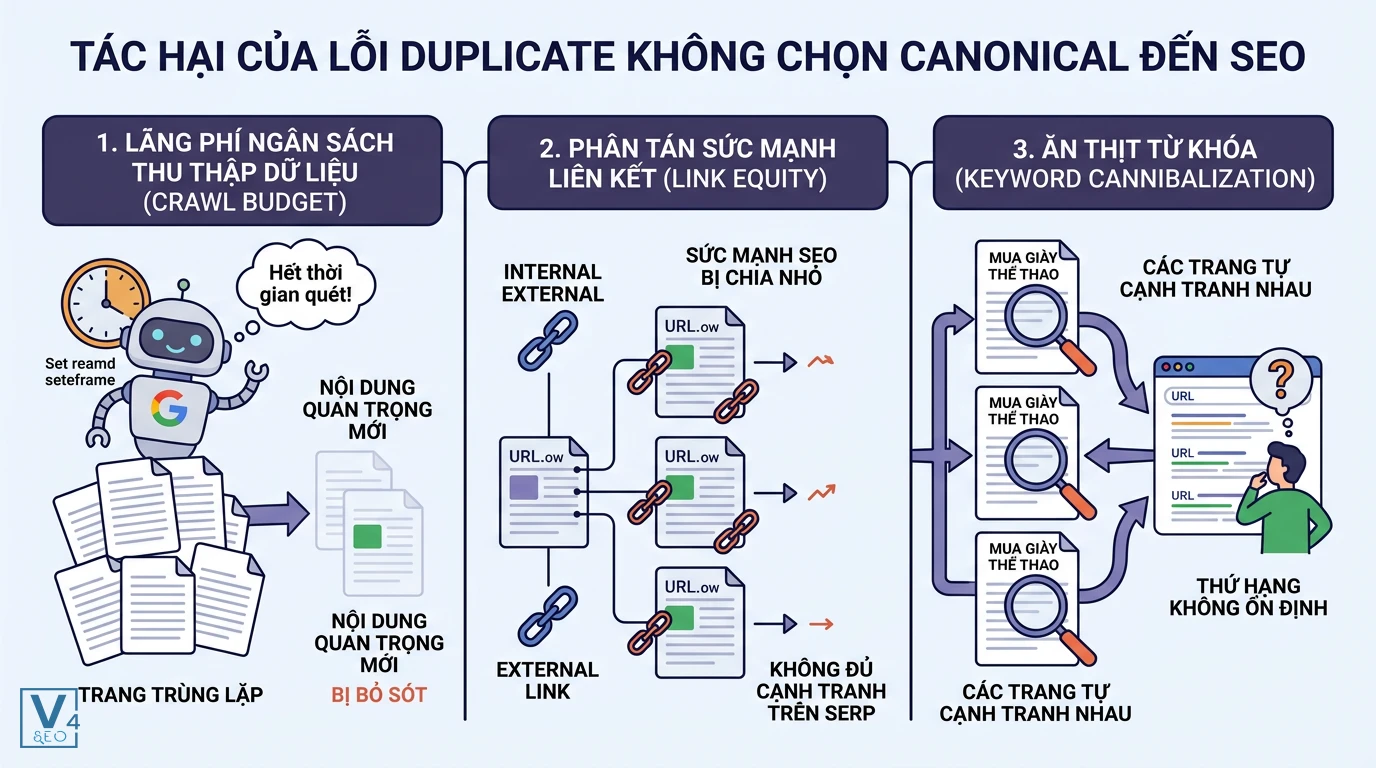 tac-hai-loi-duplicate-khong-chon-canonical Sơ đồ minh họa 3 tác hại của lỗi duplicate không chọn canonical gồm lãng phí crawl budget, phân tán link equity và ăn thịt từ khóa.