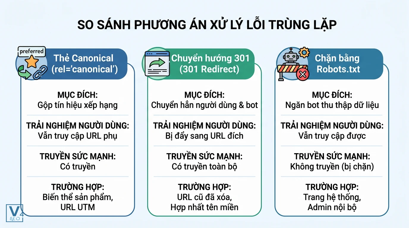 so-sanh-phuong-an-xu-ly-trung-lap-url So sánh thẻ canonical, redirect 301 và robots.txt để tối ưu lỗi trùng lặp nội dung.