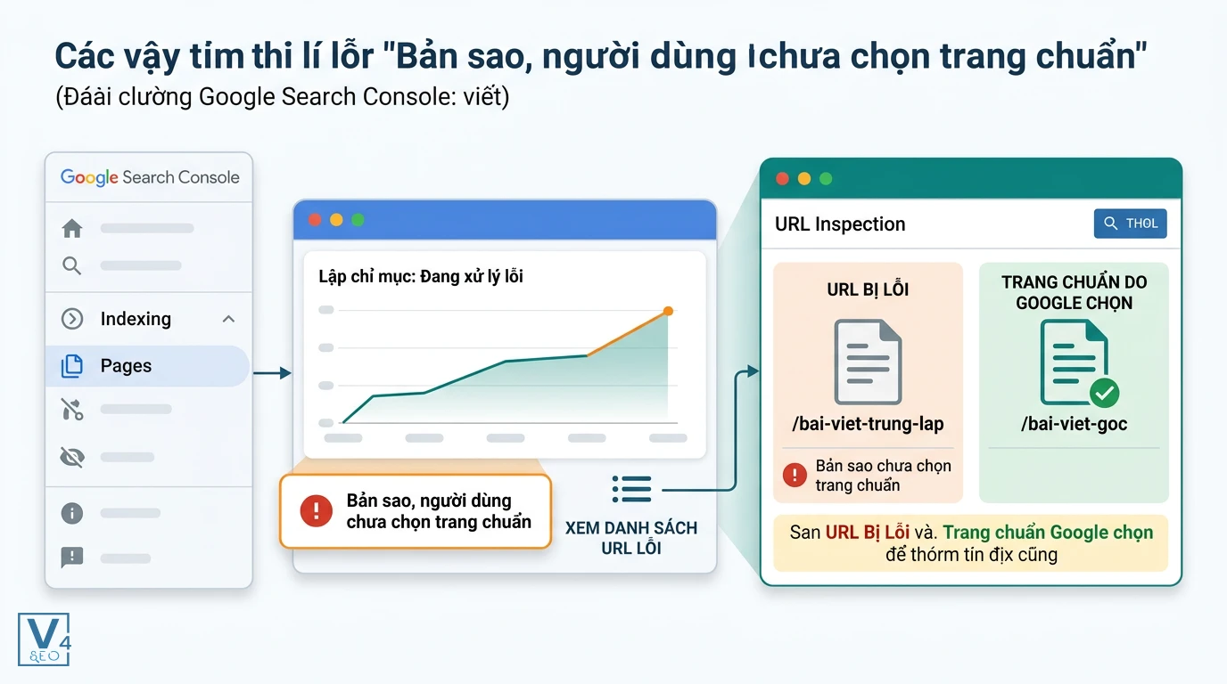 quy-trinh-kiem-tra-loi-canonical-gsc Quy trình kiểm tra lỗi duplicate không chọn canonical là gì bằng Google Search Console qua báo cáo Indexing và URL Inspection.