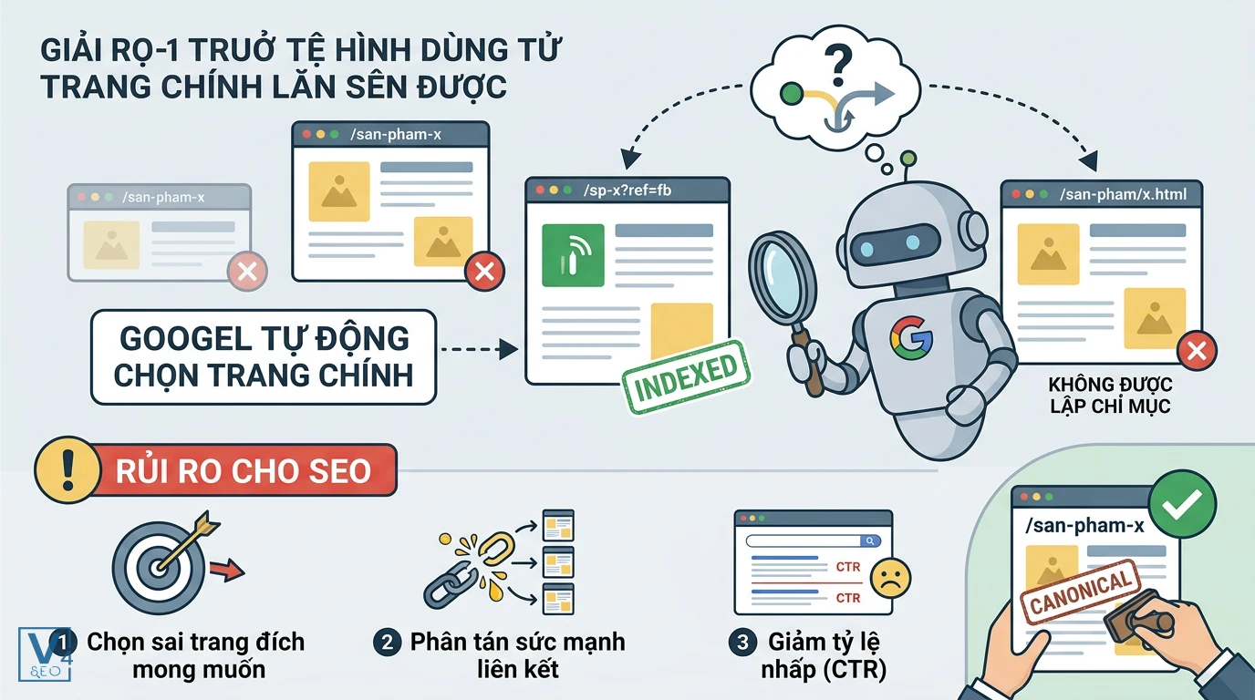 rui-ro-duplicate-khong-chon-canonical Rủi ro khi gặp lỗi duplicate không chọn canonical là gì và cách Google tự động chọn trang chính tắc.