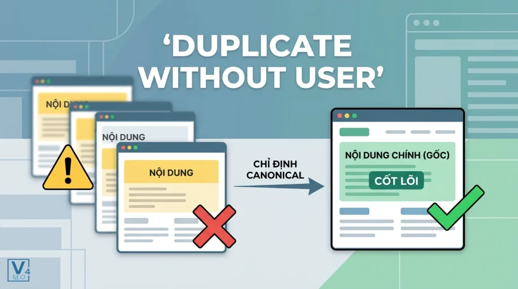 Sơ đồ giải quyết lỗi duplicate without user-selected canonical bằng cách khai báo thẻ canonical về trang gốc.