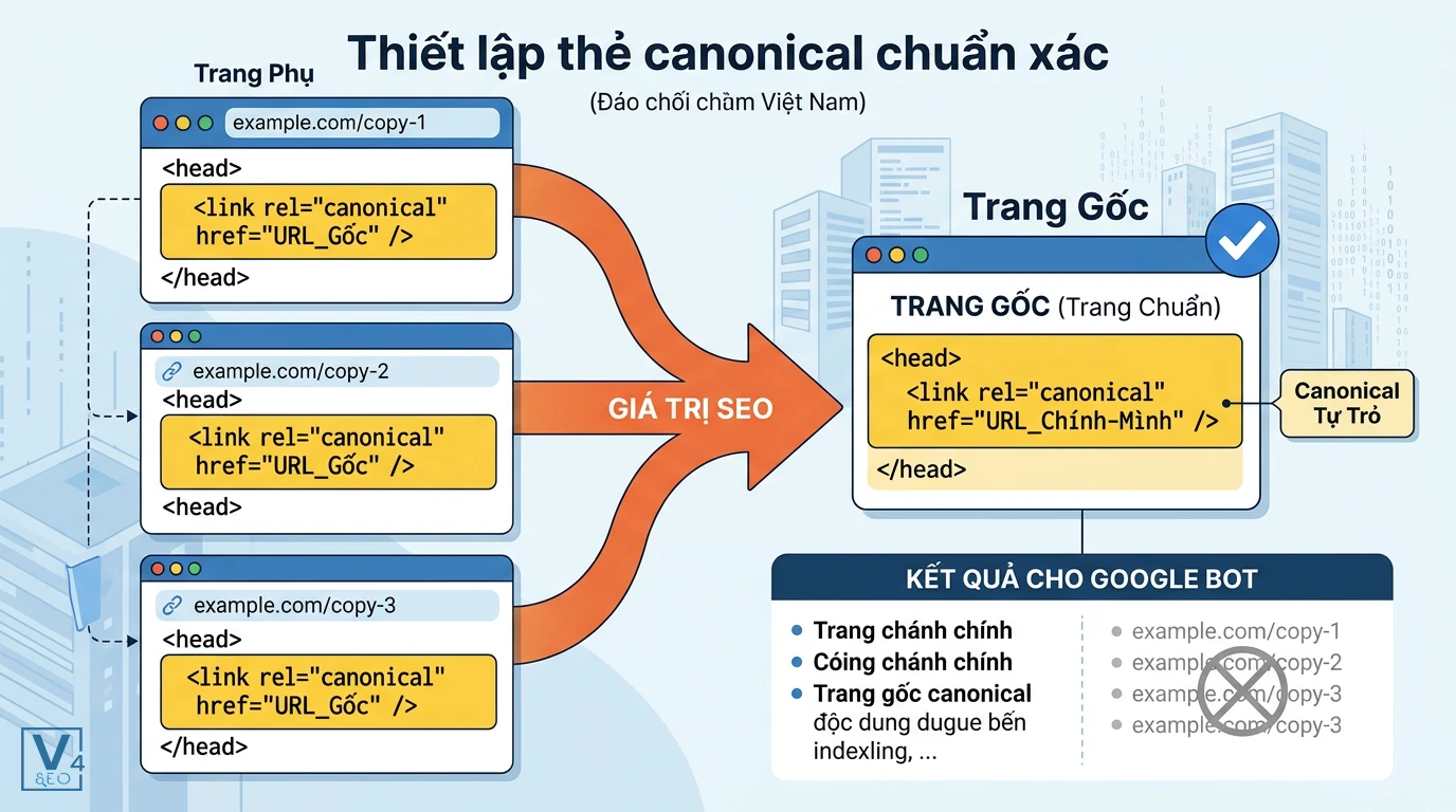 quy-trinh-thiet-lap-the-canonical Sơ đồ khai báo thẻ canonical từ các trang phụ và trang gốc tự trỏ để hợp nhất giá trị SEO về URL chuẩn.