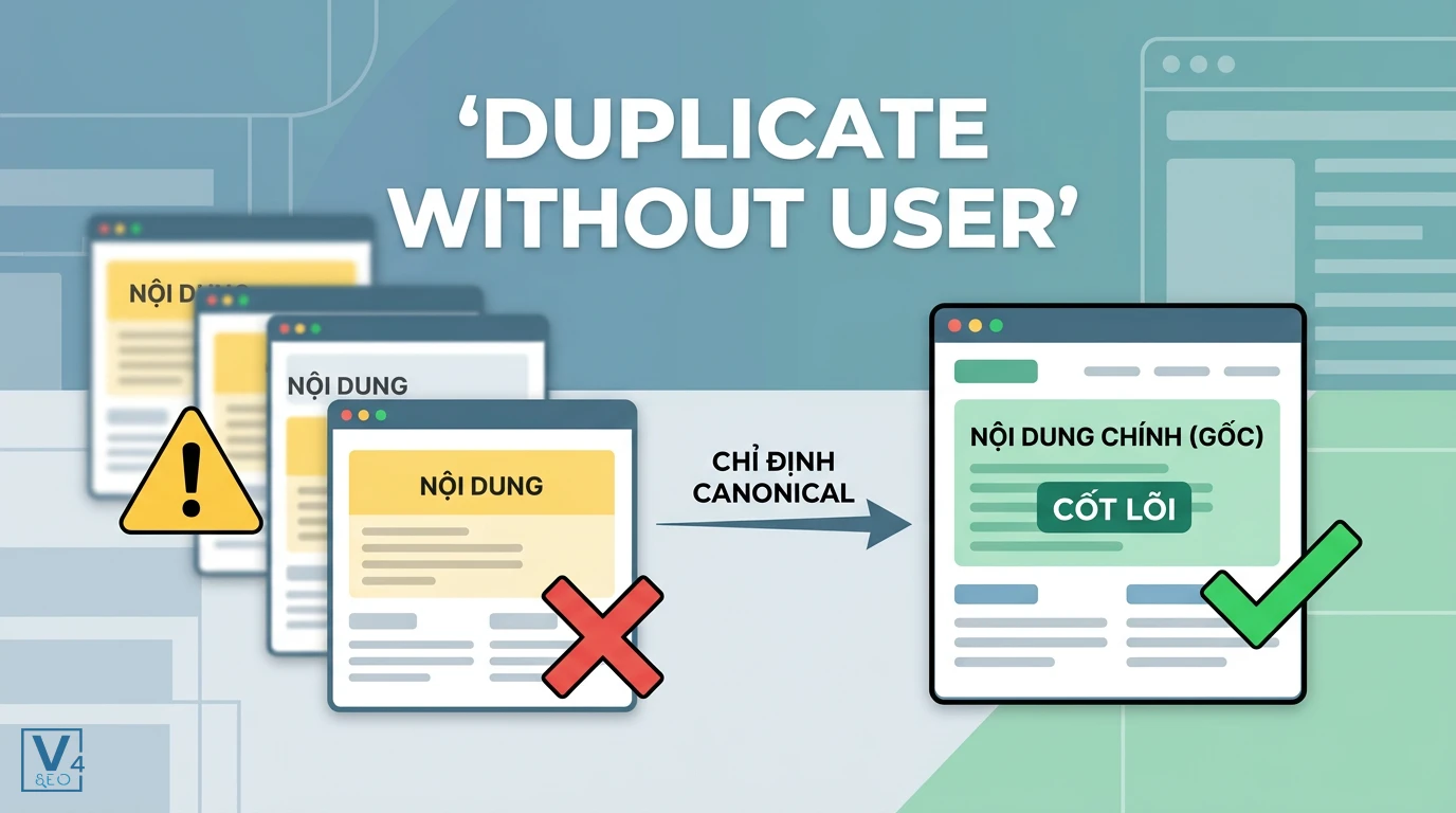 Sơ đồ giải quyết lỗi duplicate without user-selected canonical bằng cách khai báo thẻ canonical về trang gốc.