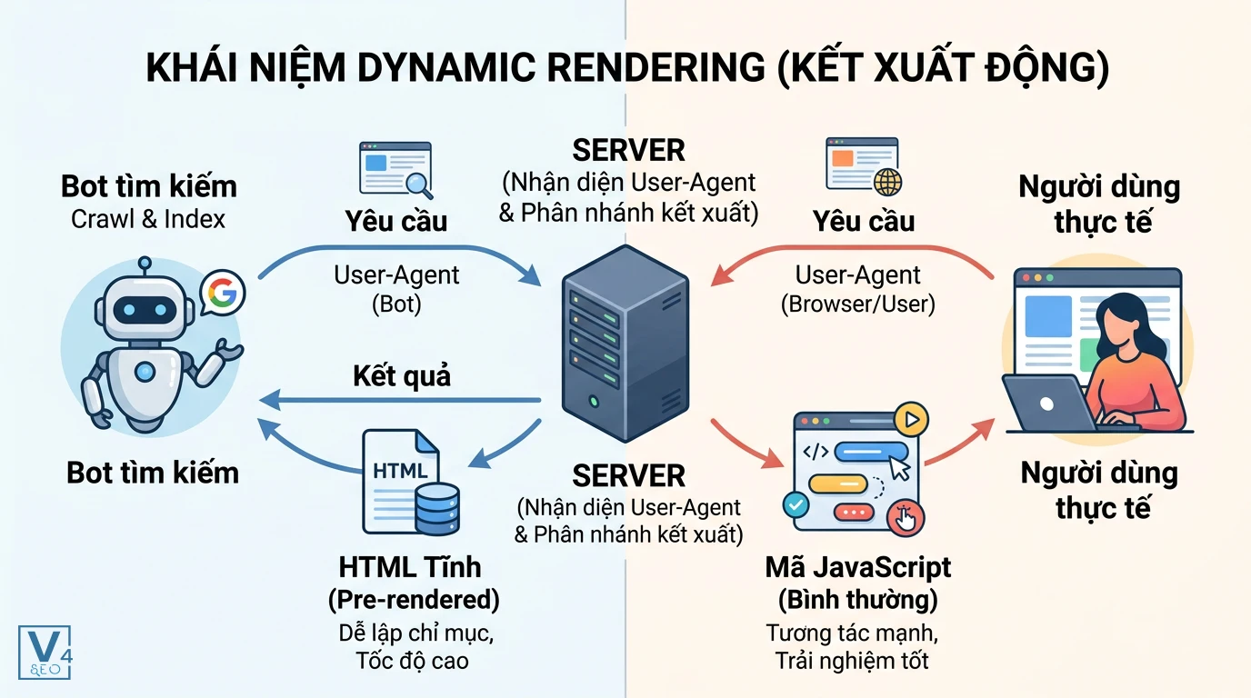 co-che-hoat-dong-dynamic-rendering Sơ đồ phân tách luồng xử lý của dynamic rendering là gì giữa bot tìm kiếm nhận HTML tĩnh và người dùng nhận JavaScript.