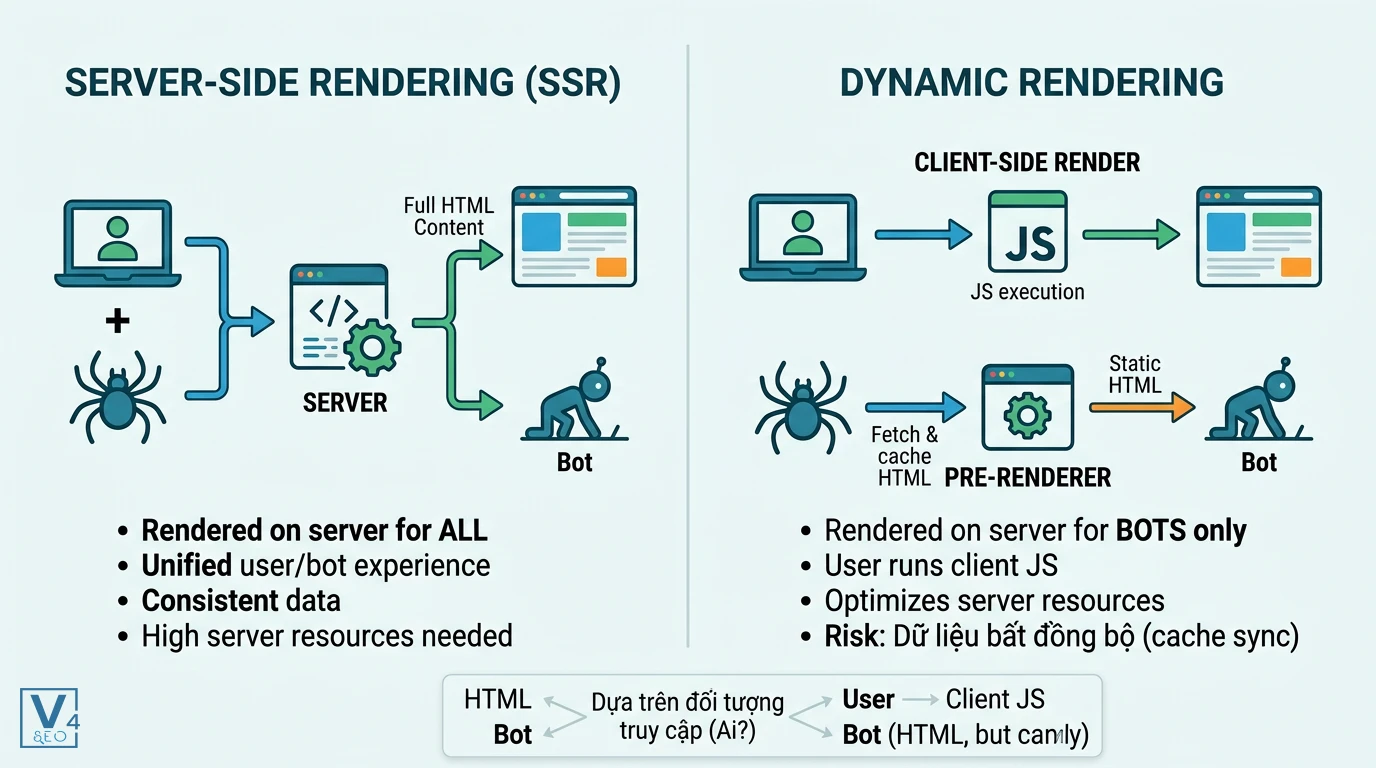 so-sanh-ssr-va-dynamic-rendering Sơ đồ so sánh cơ chế xử lý yêu cầu giữa Server-Side Rendering và Dynamic Rendering cho người dùng và bot tìm kiếm.