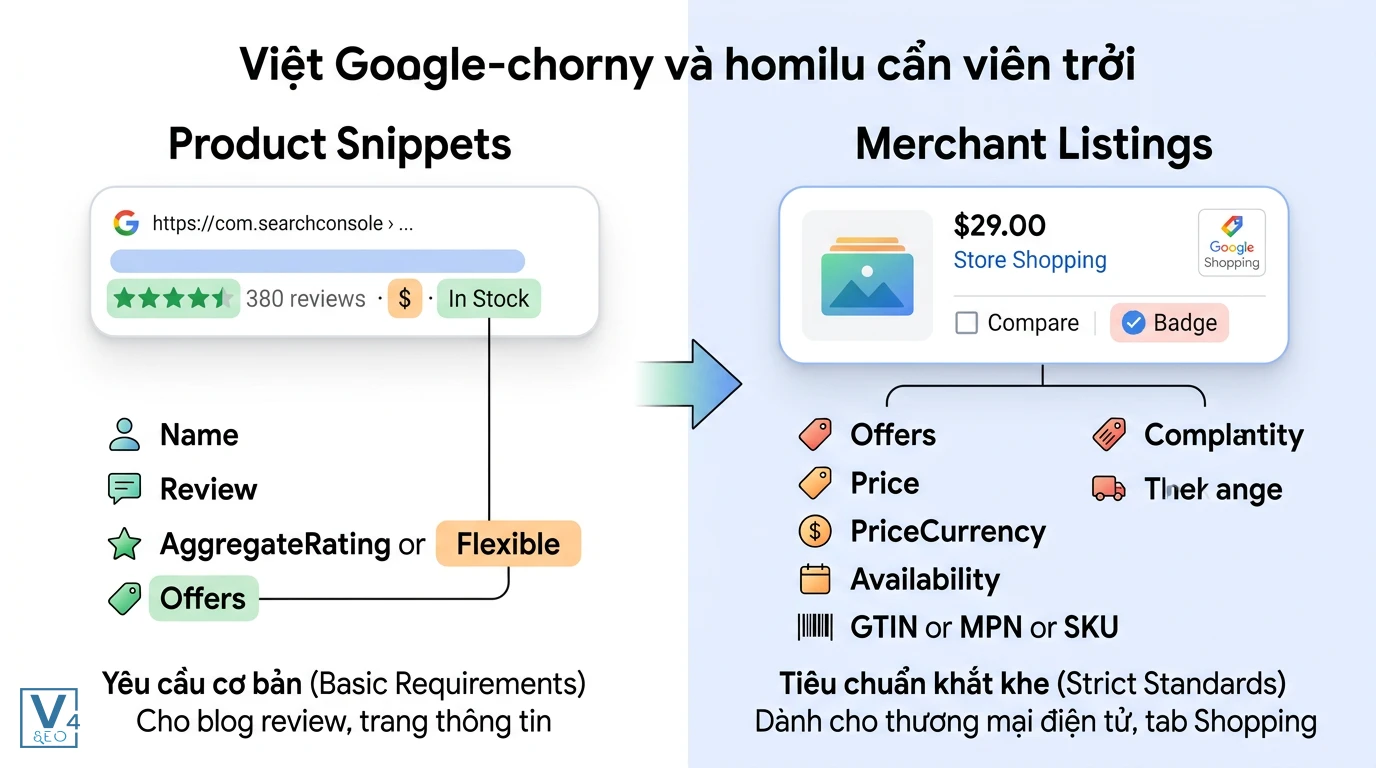 so-sanh-product-snippets-va-merchant-listings So sánh yêu cầu dữ liệu cấu trúc giữa Product Snippets cơ bản và Merchant Listings nâng cao trên Google Search Console.