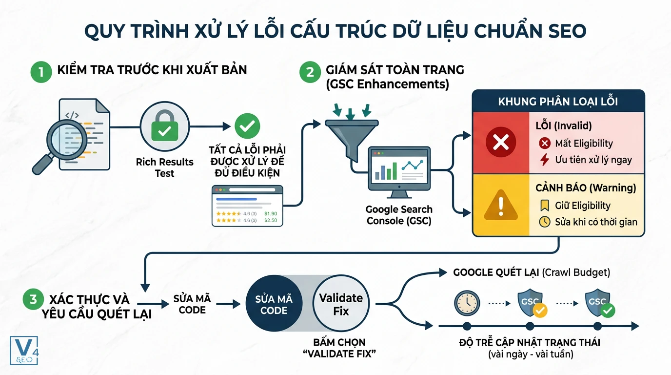 quy-trinh-xu-ly-loi-schema-gsc Sơ đồ 3 bước xử lý lỗi Schema và phân loại lỗi Invalid làm mất Eligibility với Warning trong GSC.