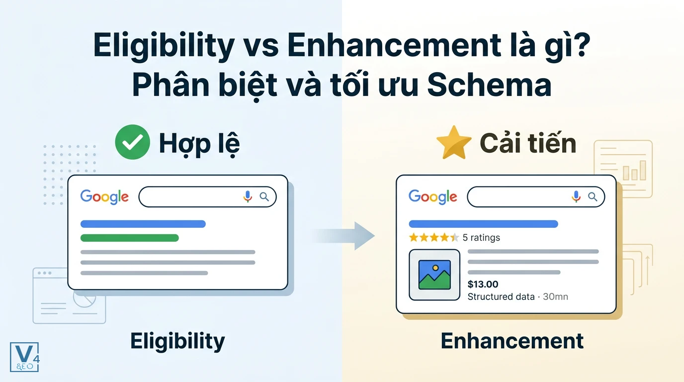 So sánh sự khác biệt giữa tính hợp lệ Eligibility và cải tiến Enhancement trong tối ưu cấu trúc Schema Google.