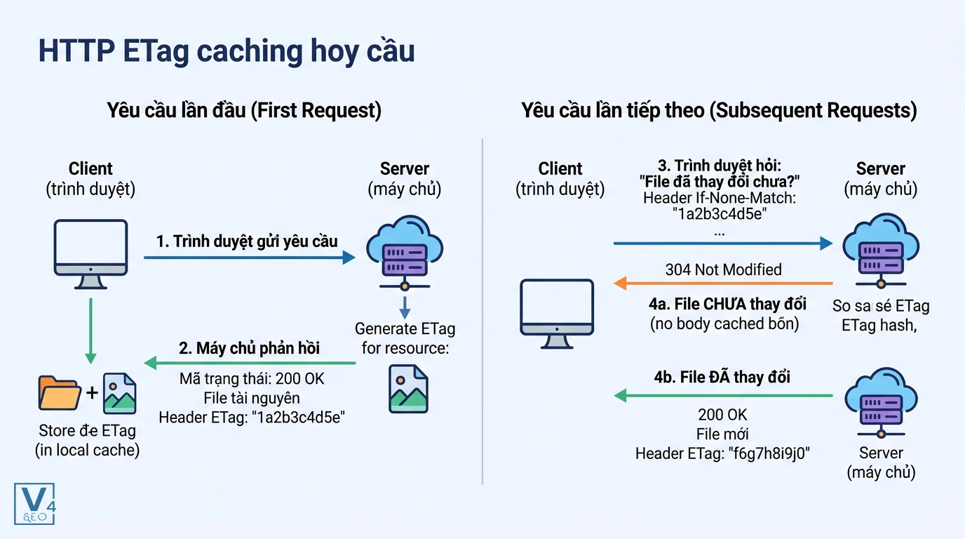 co-che-hoat-dong-http-etag-caching Sơ đồ quy trình truyền nhận dữ liệu giữa trình duyệt và máy chủ trong cơ chế hoạt động của HTTP ETag caching.