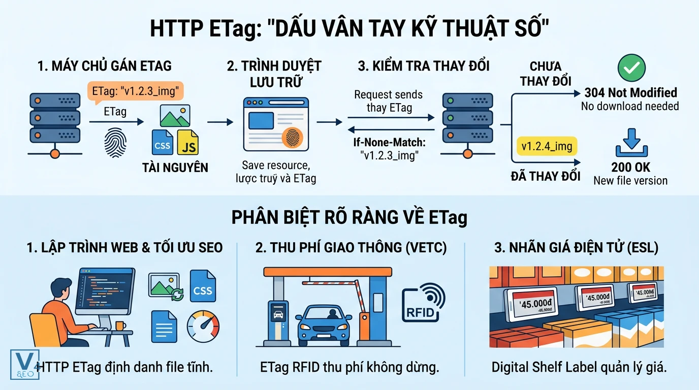 co-che-hoat-dong-http-etag Sơ đồ giải thích cơ chế hoạt động của HTTP ETag và phân biệt với các khái niệm ETag trong giao thông và bán lẻ.