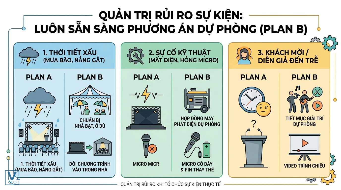 quan-tri-rui-ro-to-chuc-su-kien Bảng so sánh phương án dự phòng Plan B cho các rủi ro thời tiết, kỹ thuật và nhân sự khi tổ chức event.