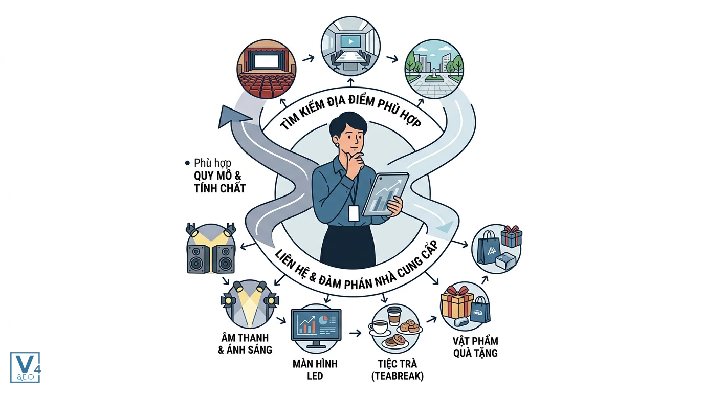 quy-trinh-tim-dia-diem-nha-cung-cap-event Quy trình tìm kiếm địa điểm và đàm phán với các nhà cung cấp dịch vụ khi tổ chức event cho doanh nghiệp.