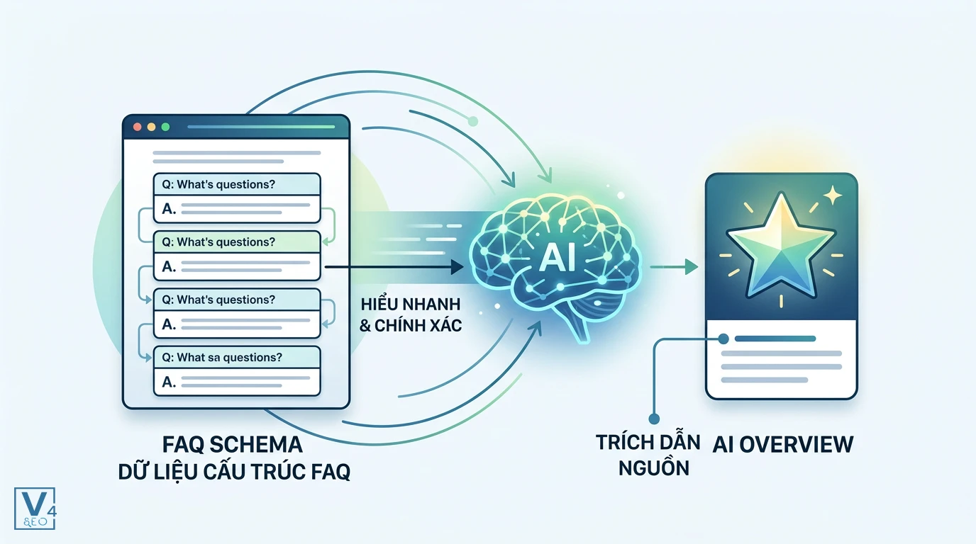FAQ Schema và cơ hội xuất hiện trên AI Overview Cách dữ liệu cấu trúc FAQ giúp AI hiểu nhanh nội dung và tăng cơ hội được trích dẫn nguồn trên AI Overview.