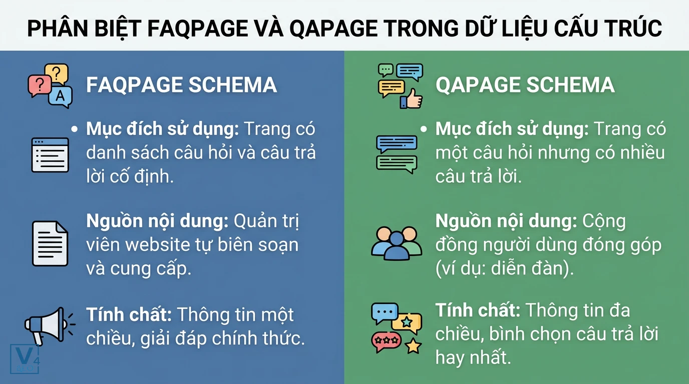 Phân biệt FAQPage và QAPage Schema Phân biệt FAQPage Schema và QAPage Schema qua các tiêu chí mục đích sử dụng, nguồn nội dung và tính chất thông tin.