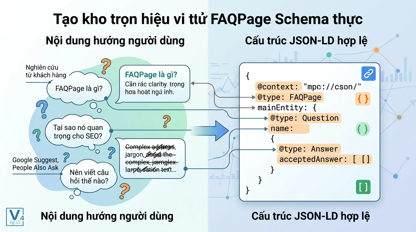 Triển khai FAQPage Schema từ nội dung đến code JSON-LD Cách chuyển đổi nội dung câu hỏi thường gặp hướng người dùng thành cấu trúc mã JSON-LD FAQPage chuẩn SEO.