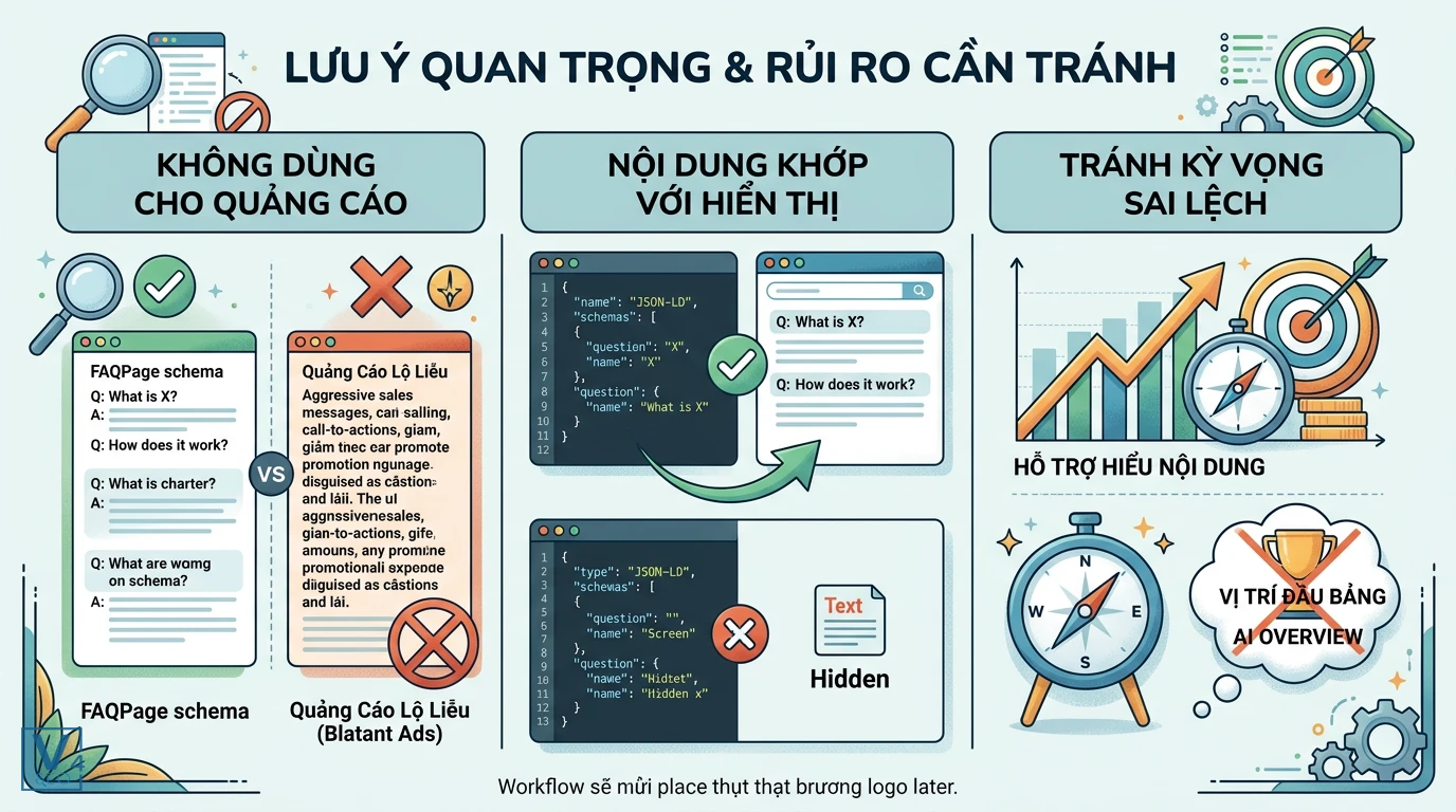 Lưu ý và rủi ro khi triển khai FAQPage schema Ba lưu ý tránh rủi ro khi dùng FAQPage schema gồm không quảng cáo, khớp nội dung hiển thị và tránh kỳ vọng sai lệch.
