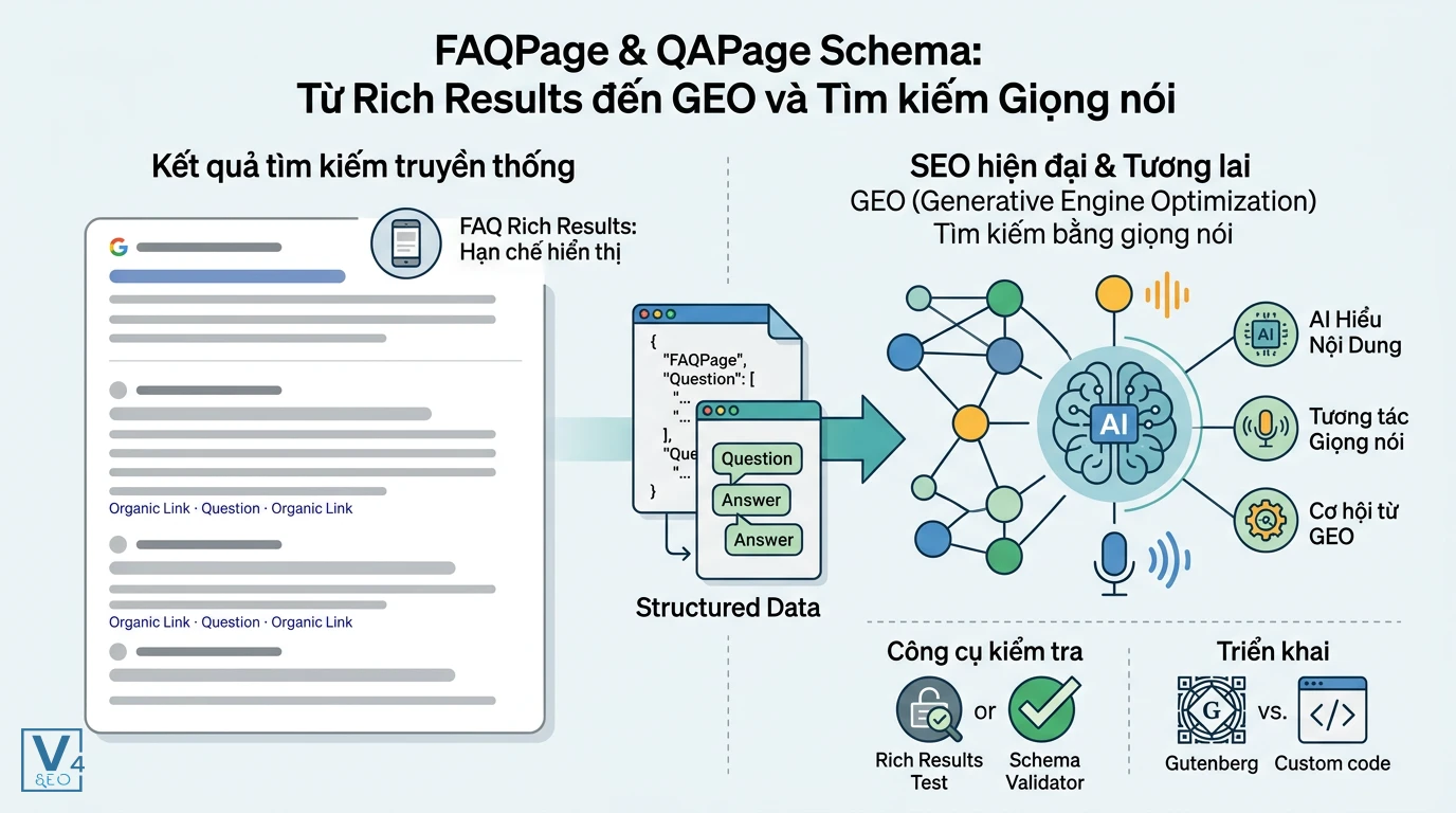 vai-tro-faqpage-qapage-schema-seo-hien-dai Sơ đồ chuyển đổi vai trò của FAQPage và QAPage Schema từ kết quả tìm kiếm truyền thống sang tối ưu hóa cho AI và tìm kiếm giọng nói.