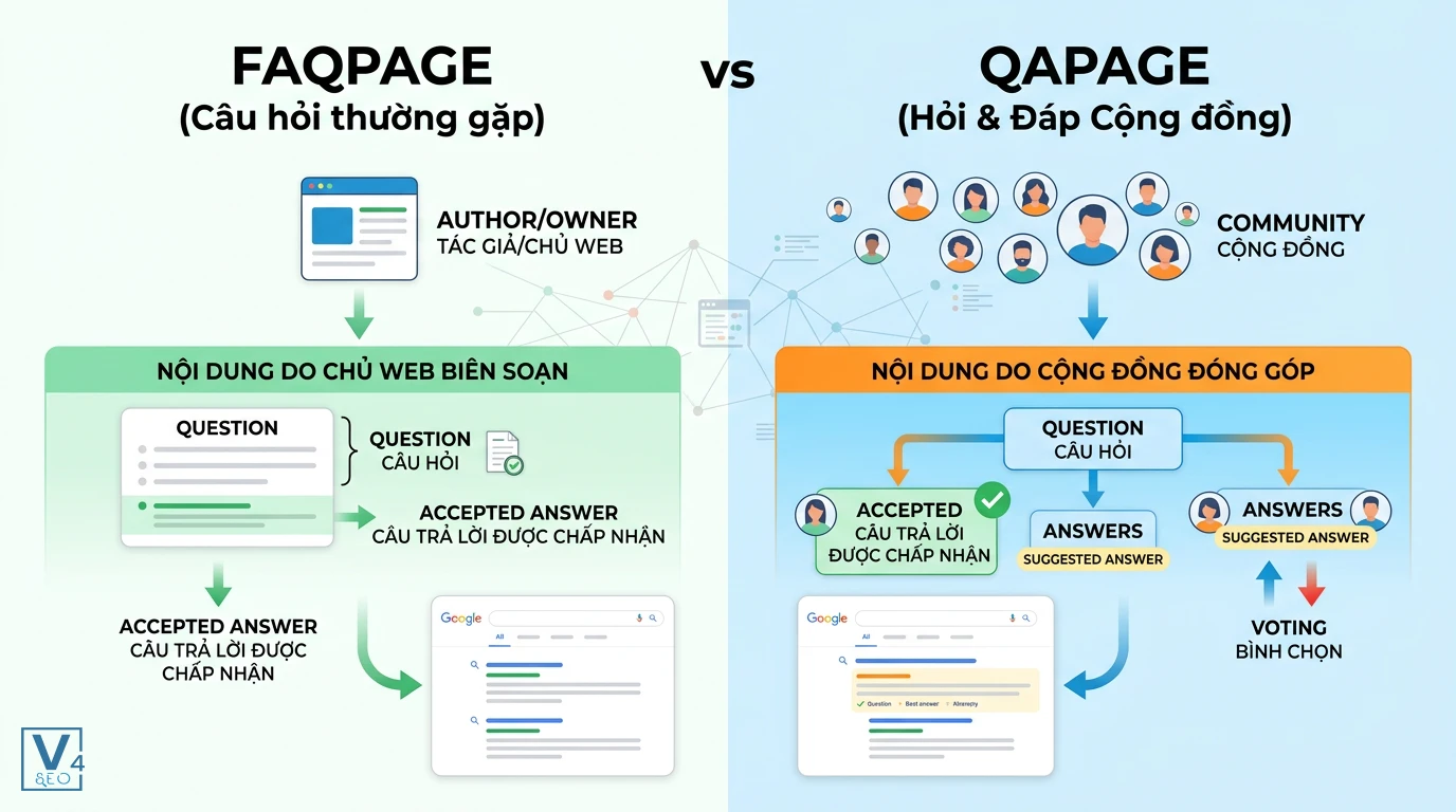 So sánh cấu trúc dữ liệu FAQPage và QAPage So sánh FAQPage và QAPage dựa trên nguồn gốc nội dung từ chủ web hoặc đóng góp từ cộng đồng.