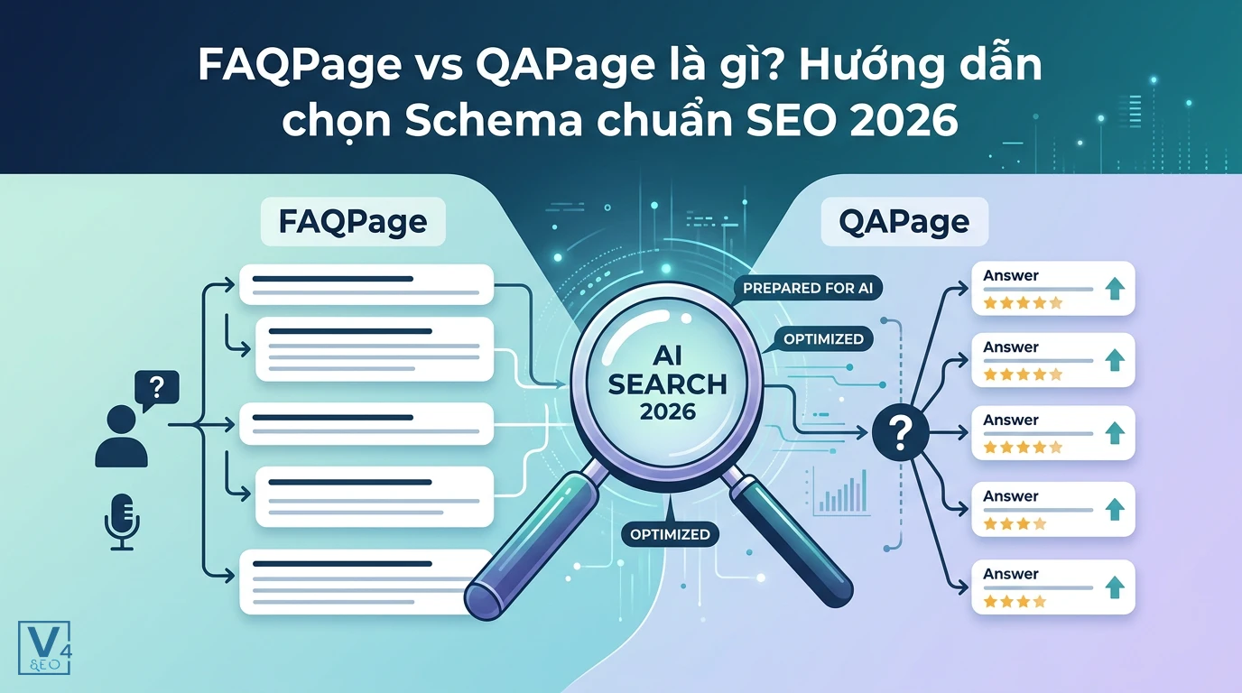 So sánh cấu trúc FAQPage và QAPage giúp tối ưu hóa dữ liệu có cấu trúc cho công cụ tìm kiếm AI Search.