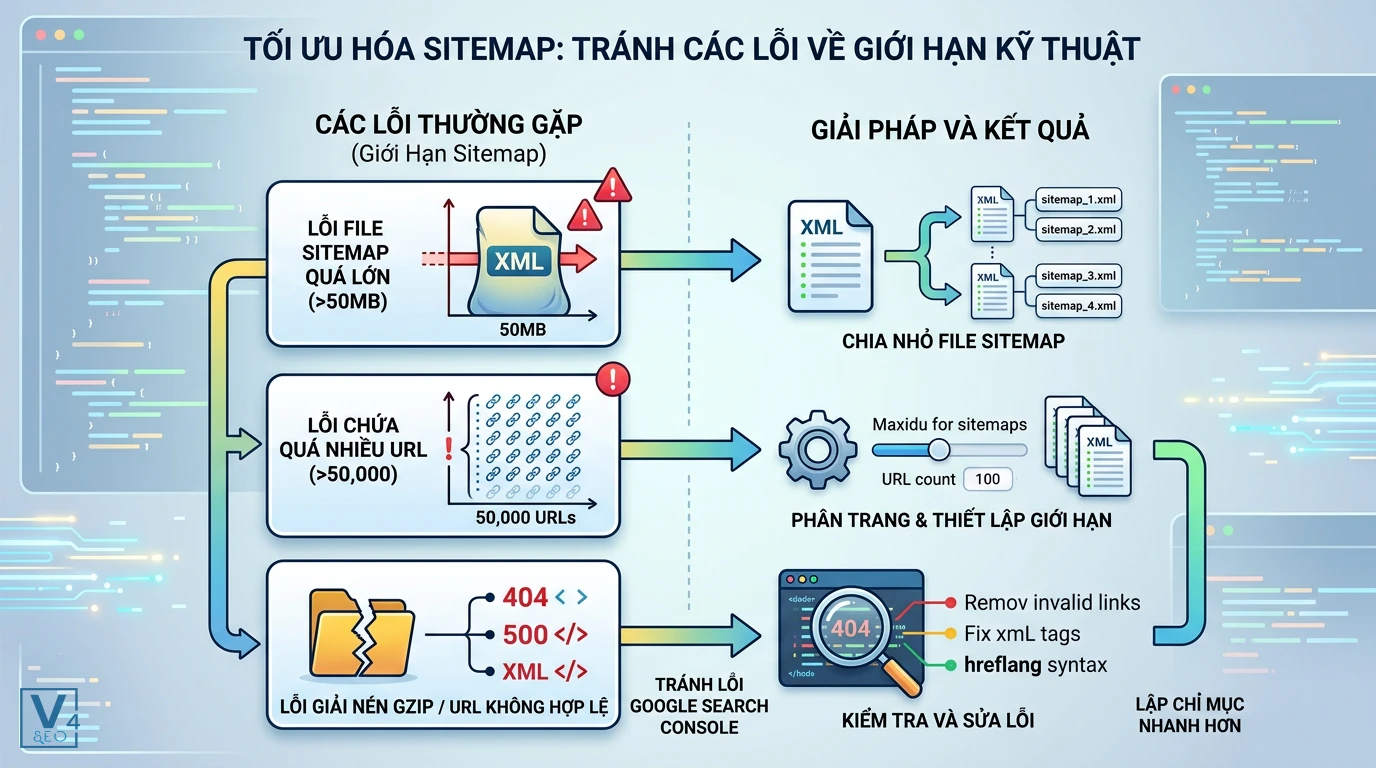 khac-phuc-loi-gioi-han-sitemap Sơ đồ khắc phục các lỗi vượt quá giới hạn sitemap như file quá 50MB hoặc chứa hơn 50.000 URL.