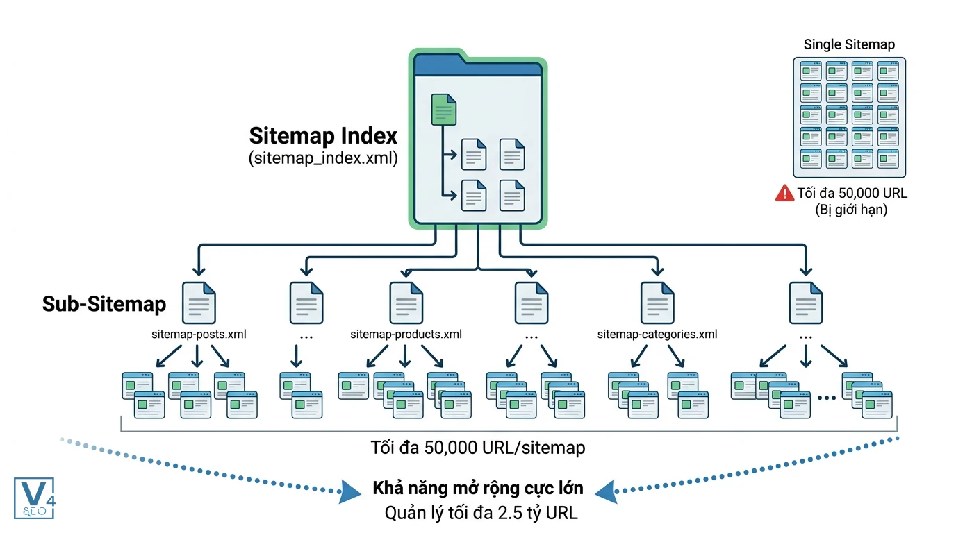 cau-truc-sitemap-index-mo-rong Mô hình phân cấp Sitemap Index giúp liên kết các sitemap con để vượt qua giới hạn sitemap là gì của một file đơn lẻ.