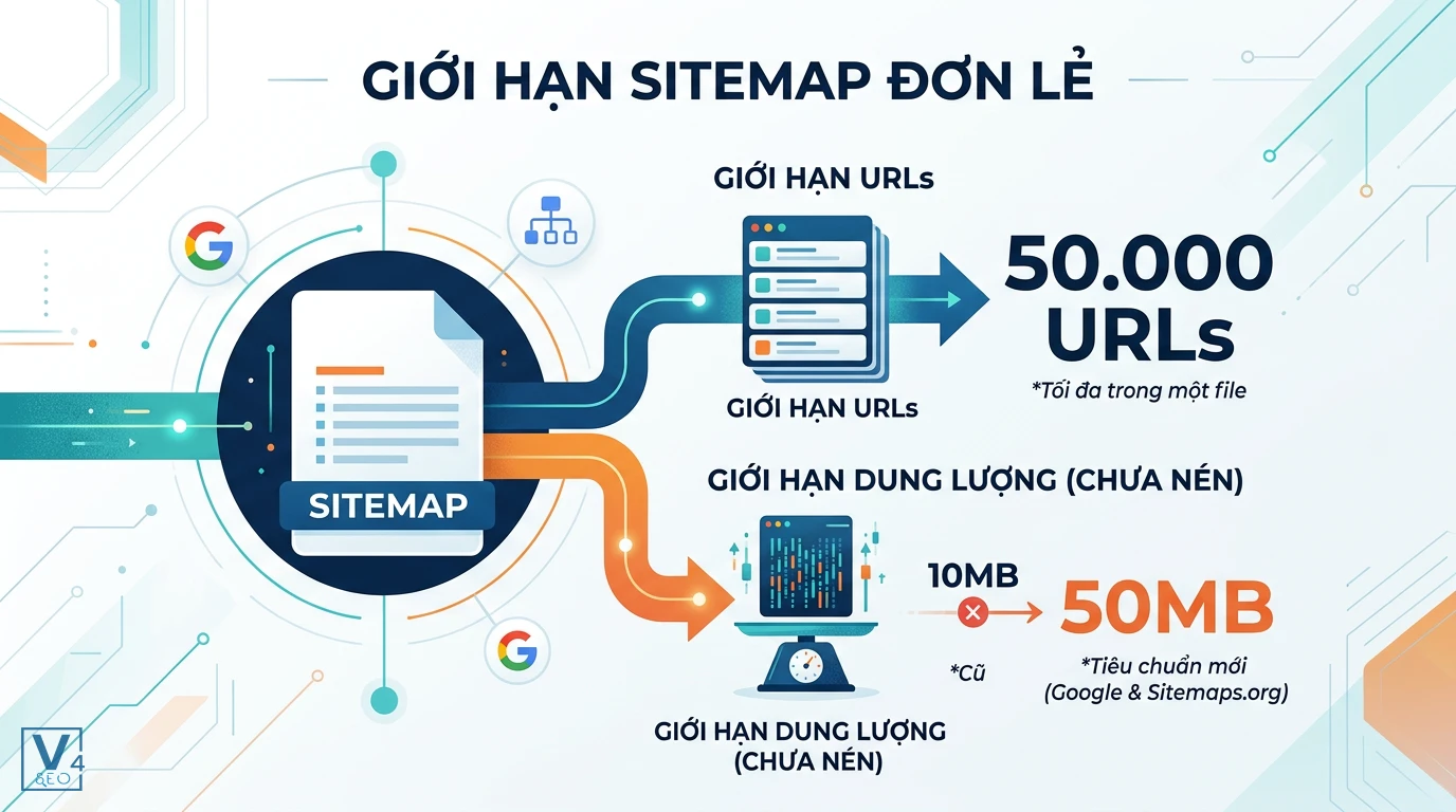 quy-dinh-gioi-han-sitemap-moi-nhat Sơ đồ giải thích giới hạn sitemap là gì với tối đa 50.000 URLs và dung lượng file tăng từ 10MB lên 50MB.