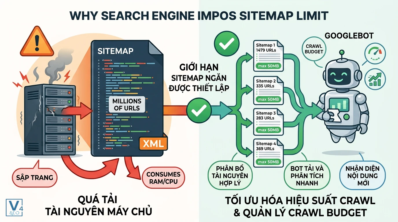 ly-do-co-gioi-han-sitemap So sánh rủi ro quá tải máy chủ khi sitemap quá lớn với lợi ích tối ưu crawl budget khi áp dụng giới hạn sitemap.