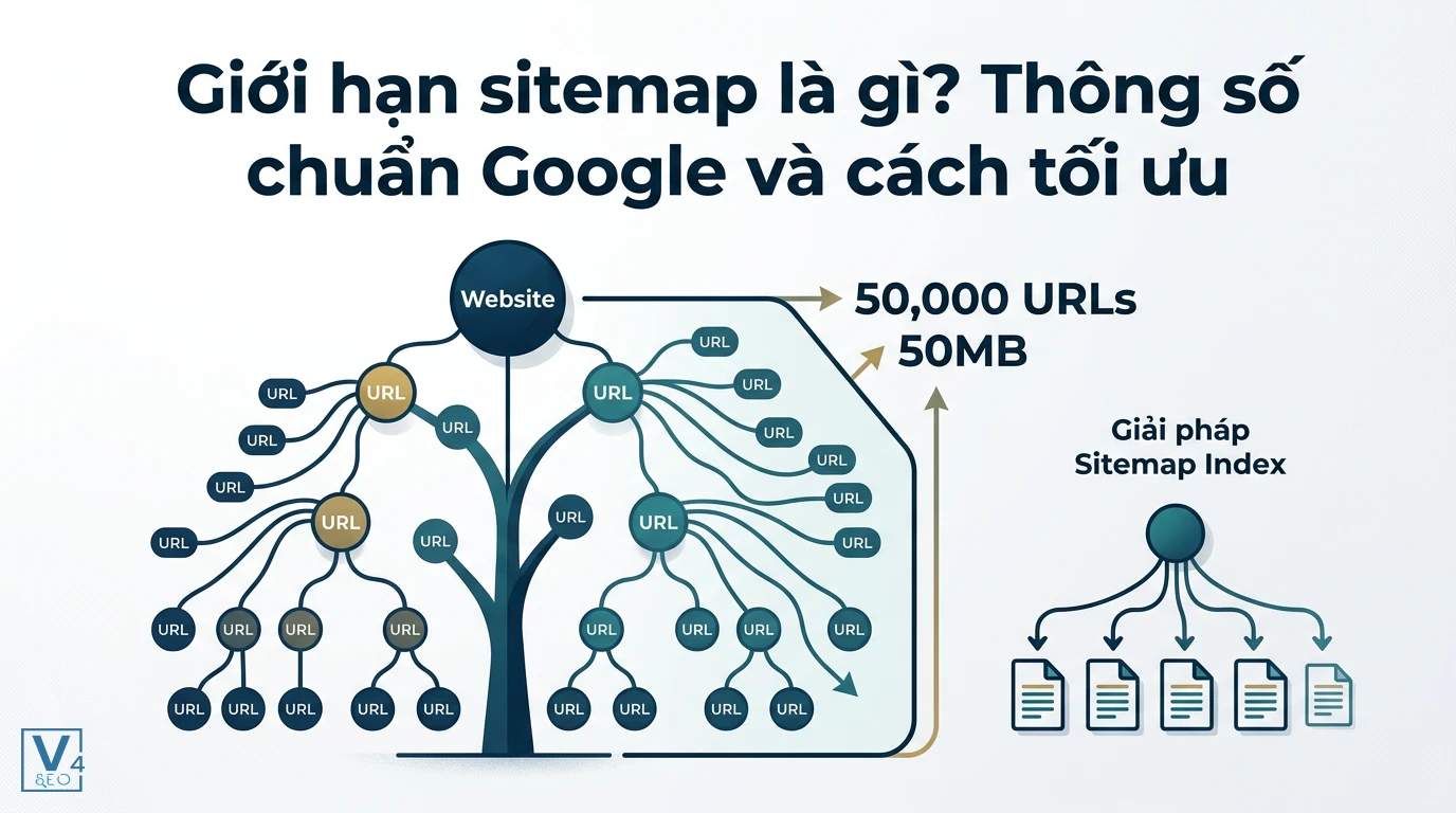 Mô hình giới hạn sitemap chuẩn Google với tối đa 50,000 URLs và dung lượng 50MB cùng giải pháp Sitemap Index tối ưu.