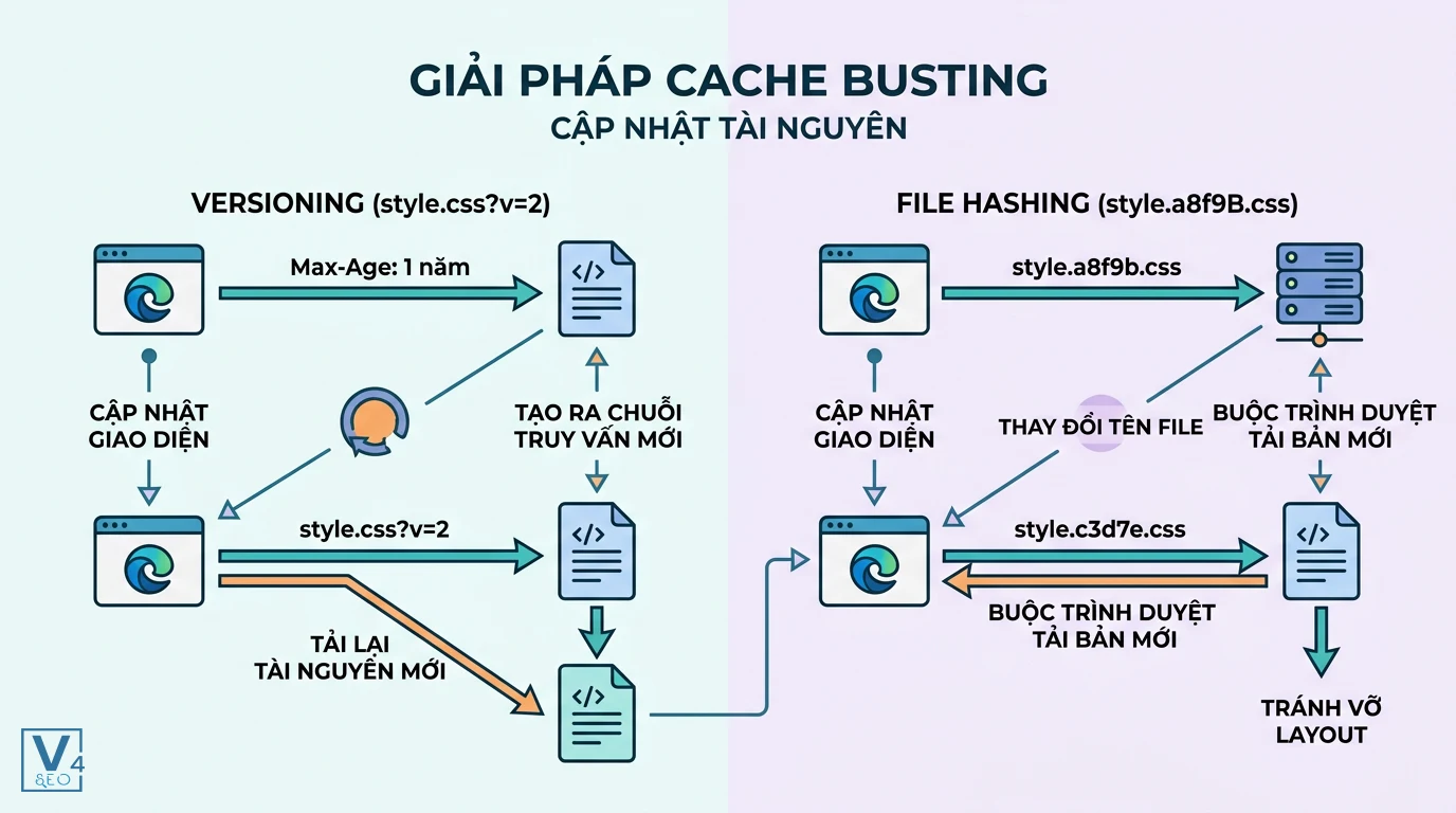 giai-phap-cache-busting-cap-nhat-tai-nguyen So sánh hai phương pháp Cache Busting là Versioning và File Hashing giúp trình duyệt cập nhật tài nguyên tĩnh mới nhất.