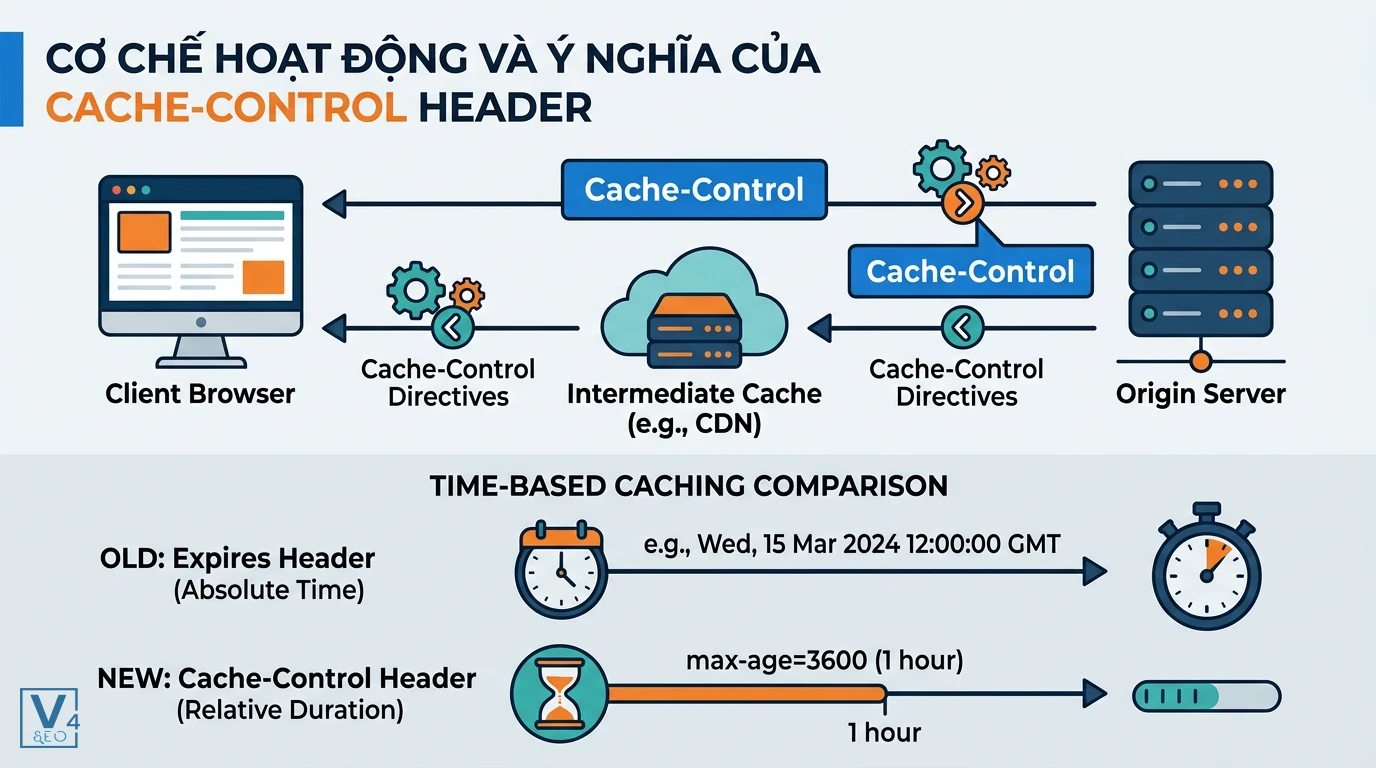 co-che-hoat-dong-cache-control Sơ đồ cơ chế hoạt động của header Cache-Control giữa máy chủ, CDN và trình duyệt cùng so sánh với Expires header.
