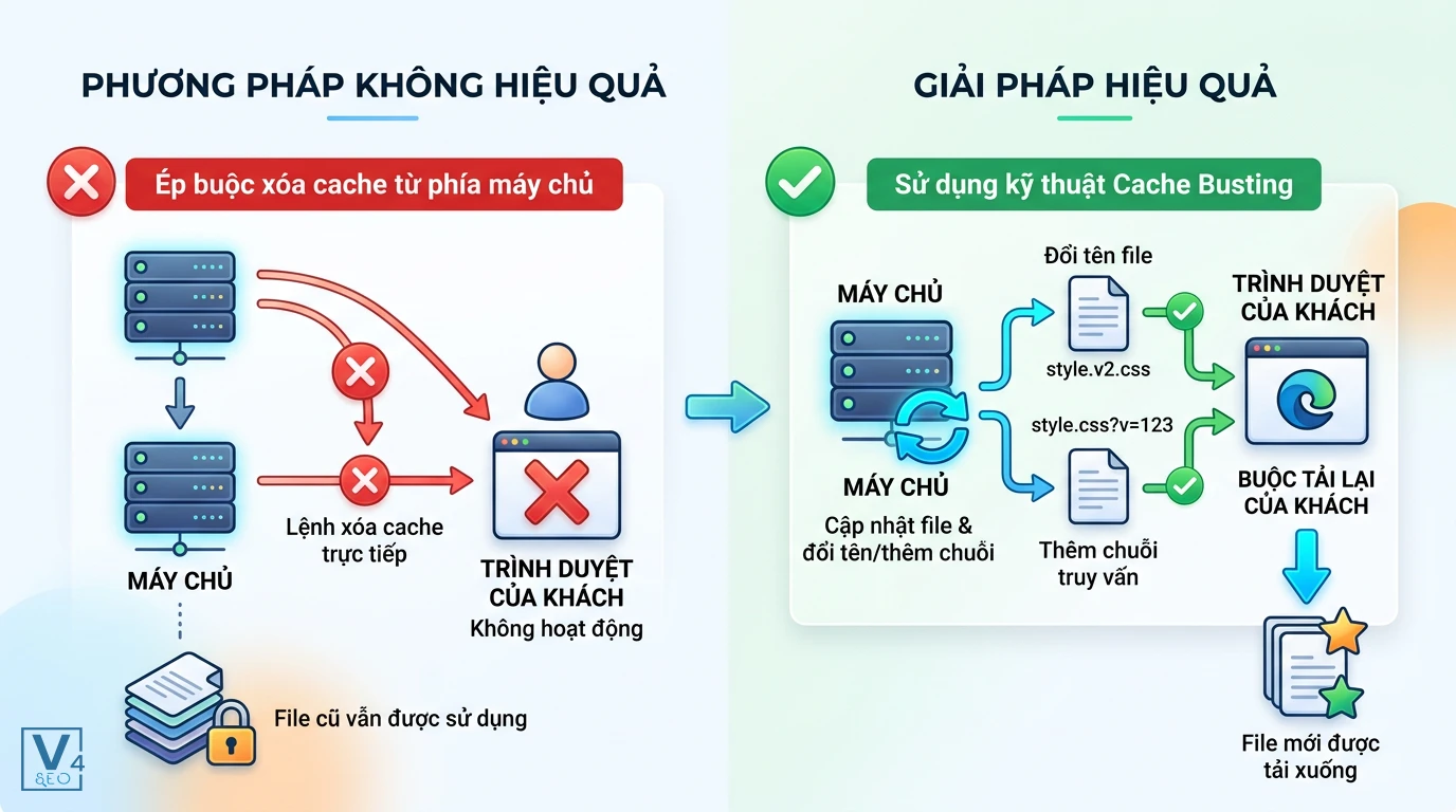 giai-phap-cache-busting-xoa-cache-trinh-duyet So sánh việc ép xóa cache thất bại từ máy chủ với giải pháp Cache Busting thành công giúp trình duyệt tải file mới.