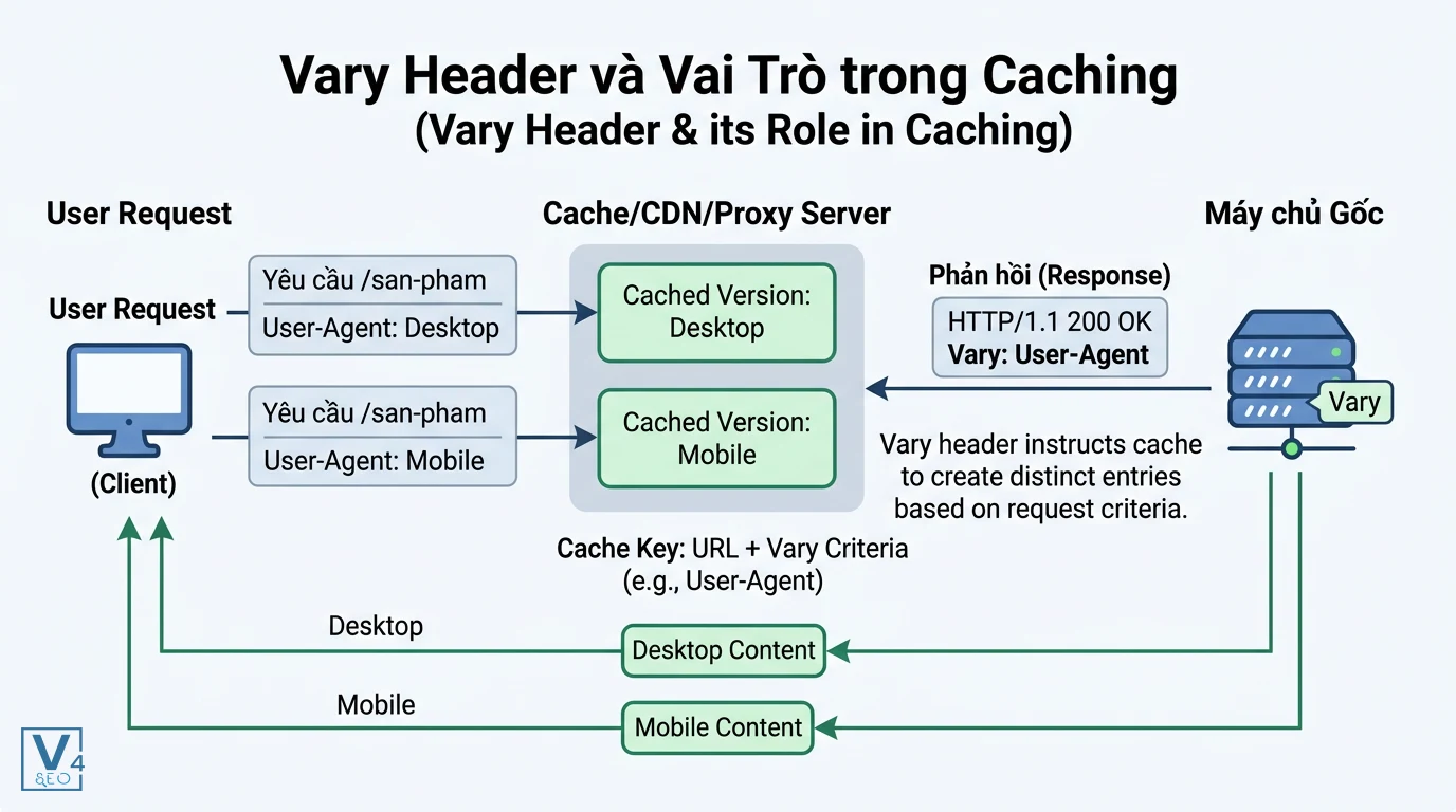 co-che-hoat-dong-vary-header-caching Sơ đồ giải thích cơ chế hoạt động của Vary header trong việc phân phối nội dung cache cho desktop và mobile.