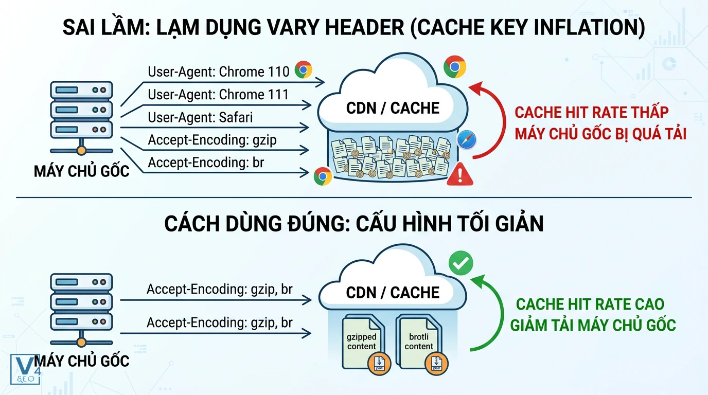 phan-manh-cache-va-cau-hinh-vary-header-dung-cach So sánh phân mảnh bộ nhớ đệm do lạm dụng Vary header và cách cấu hình tối giản giúp tăng tỷ lệ cache hit rate.
