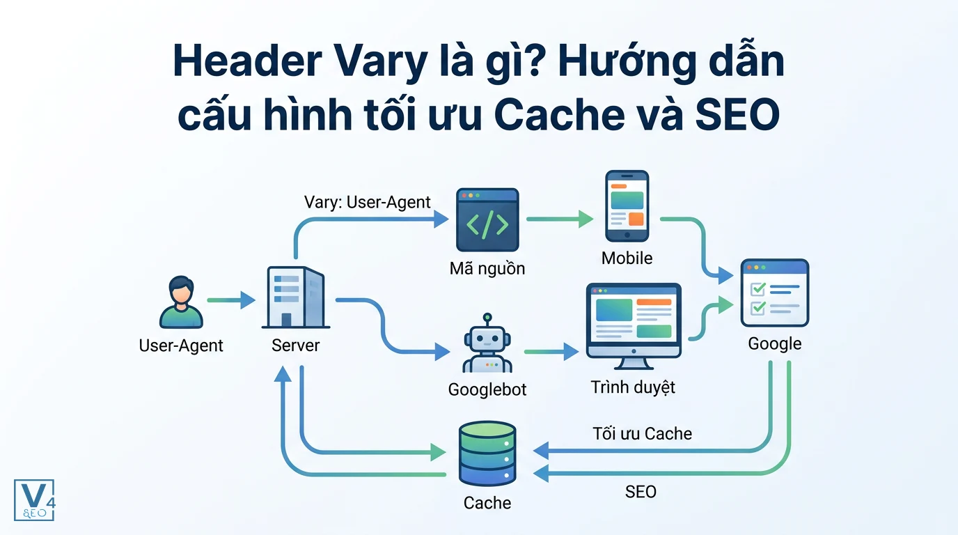 Sơ đồ hoạt động của header Vary giúp phân phối nội dung phù hợp cho thiết bị di động và Googlebot để tối ưu SEO.