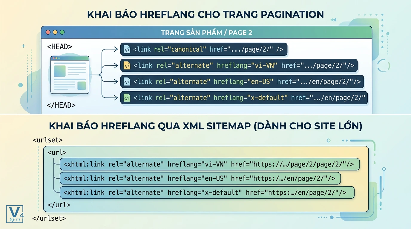 phuong-phap-cai-dat-hreflang-phan-trang So sánh hai phương pháp cài đặt hreflang cho phân trang qua thẻ HTML head và cấu trúc XML Sitemap chuẩn kỹ thuật.