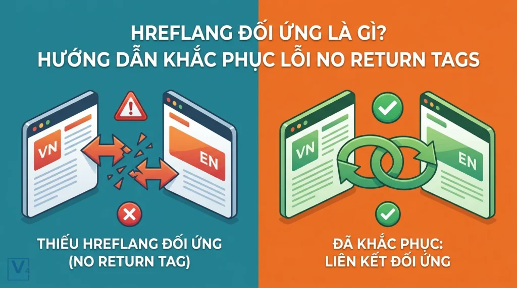 So sánh lỗi thiếu hreflang đối ứng gây đứt gãy liên kết và cấu trúc bắt tay hai chiều chuẩn SEO sau khi khắc phục