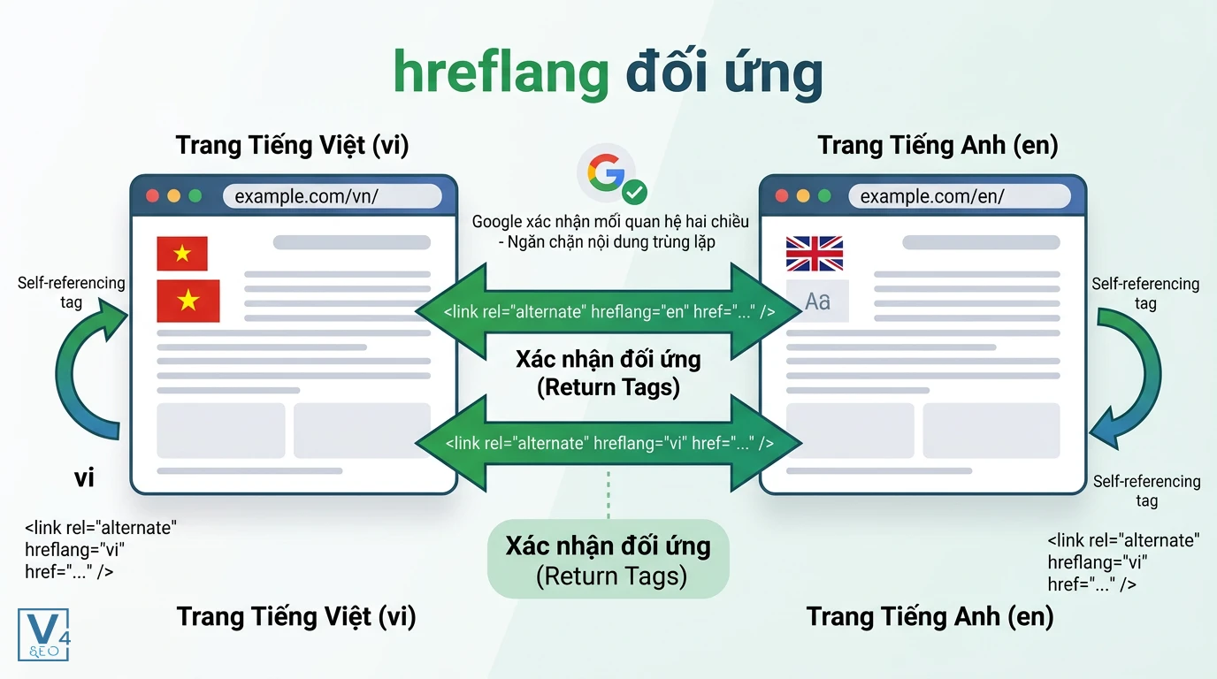 co-che-hreflang-doi-ung-seo Sơ đồ mô tả cơ chế hreflang đối ứng là gì qua liên kết hai chiều giữa trang tiếng Việt và tiếng Anh.