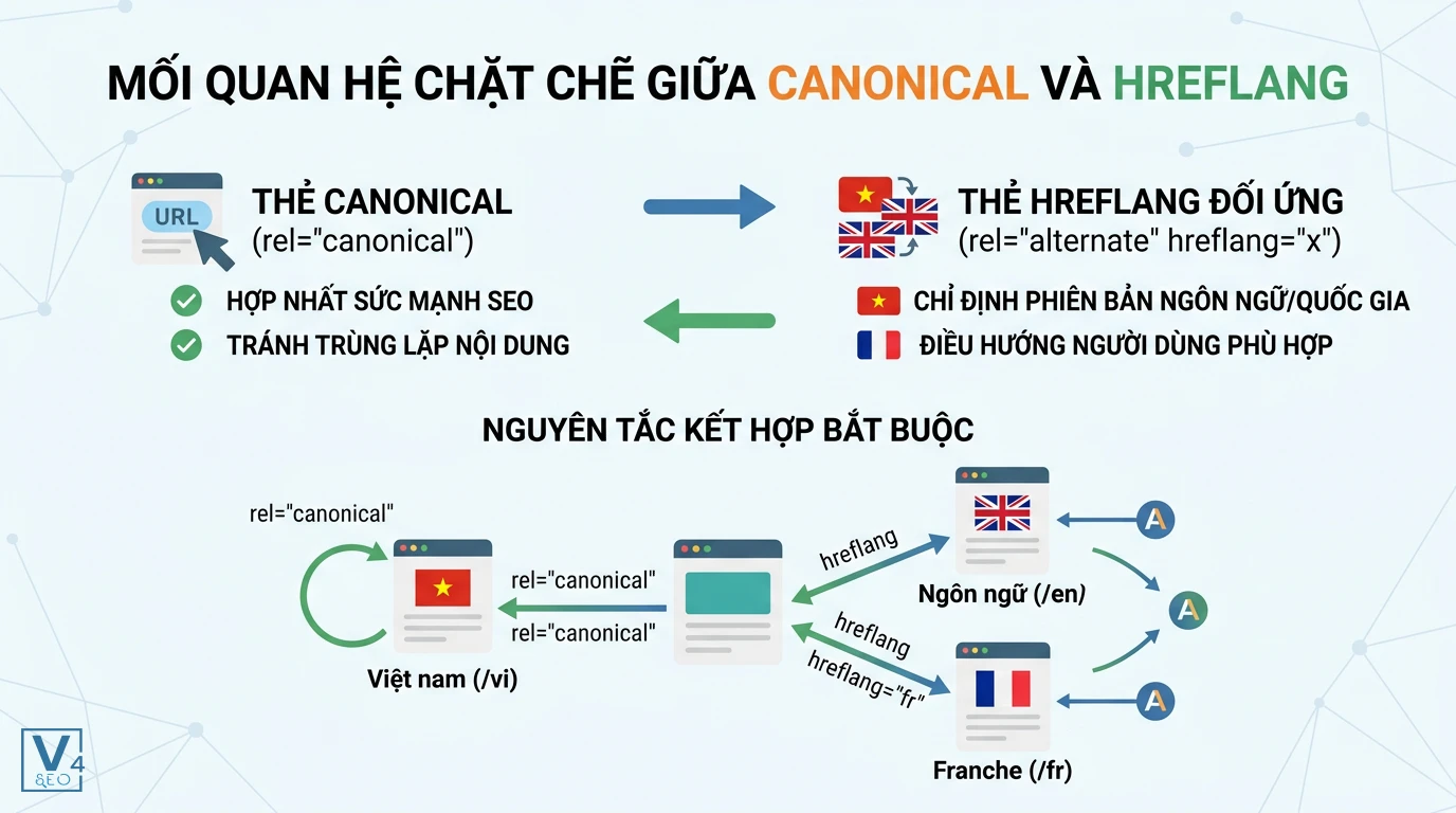moi-quan-he-canonical-va-hreflang Sơ đồ so sánh vai trò và nguyên tắc kết hợp bắt buộc giữa thẻ canonical và hreflang đối ứng trong SEO.