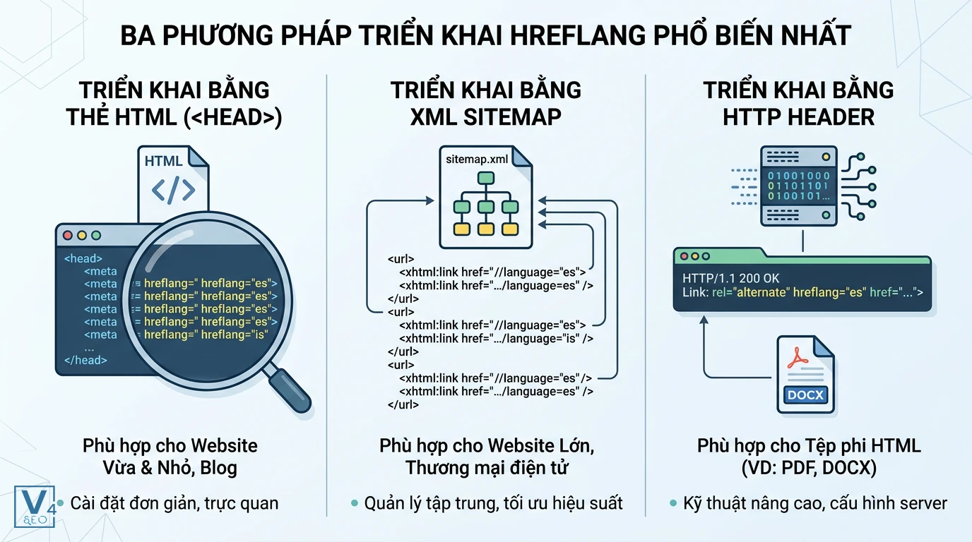 cac-phuong-phap-trien-khai-hreflang So sánh 3 phương pháp triển khai hreflang là gì qua thẻ HTML, XML Sitemap và HTTP Header cho từng loại website.