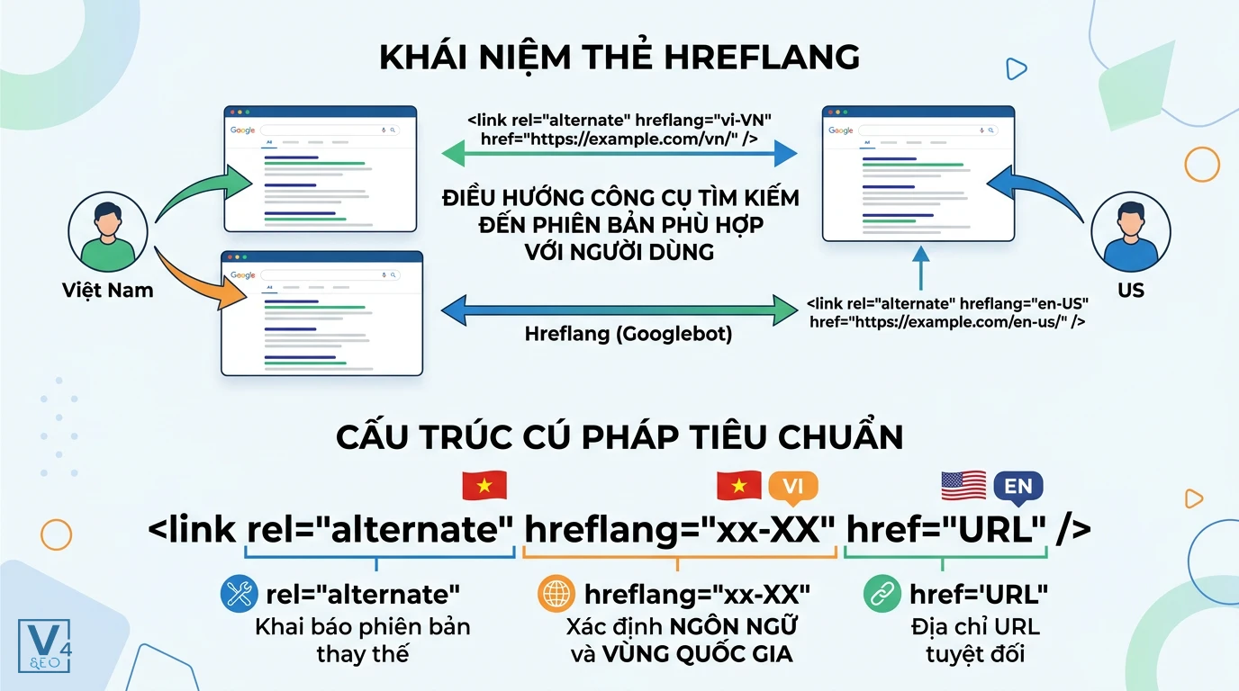 khai-niem-va-cu-phap-the-hreflang Sơ đồ giải thích hreflang là gì giúp điều hướng Googlebot và cấu trúc cú pháp khai báo ngôn ngữ chuẩn xác.