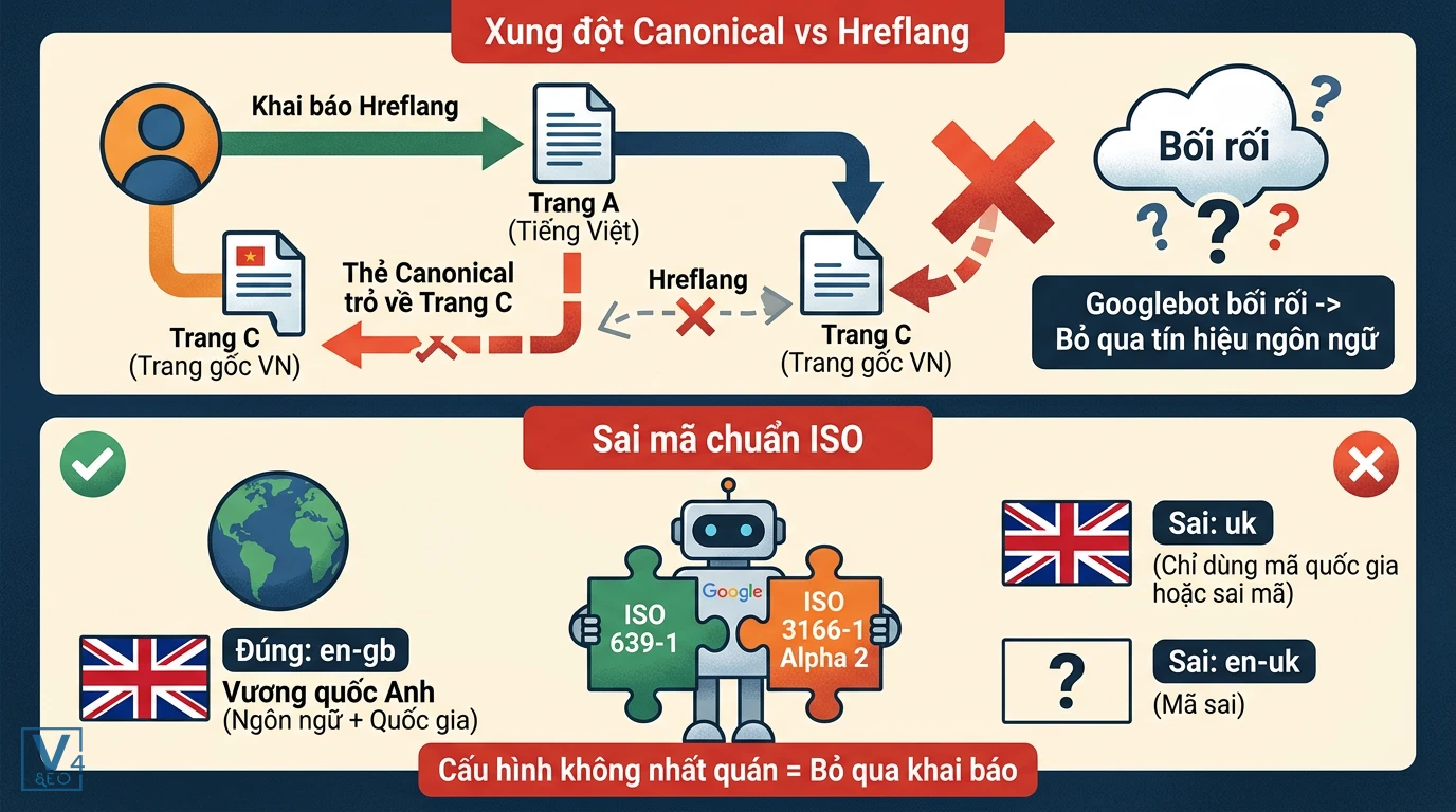 cac-loi-hreflang-kinh-dien Sơ đồ minh họa lỗi xung đột thẻ canonical với hreflang và lỗi dùng sai mã chuẩn ISO ngôn ngữ quốc gia.